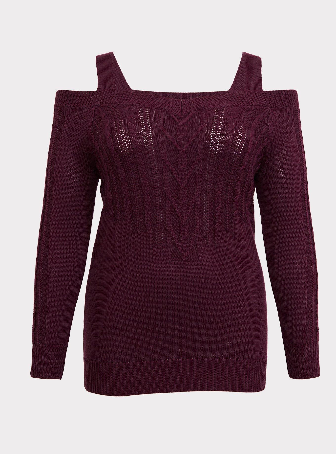 Burgundy Purple Cable Knit Open Shoulder Tunic, , hi-res
