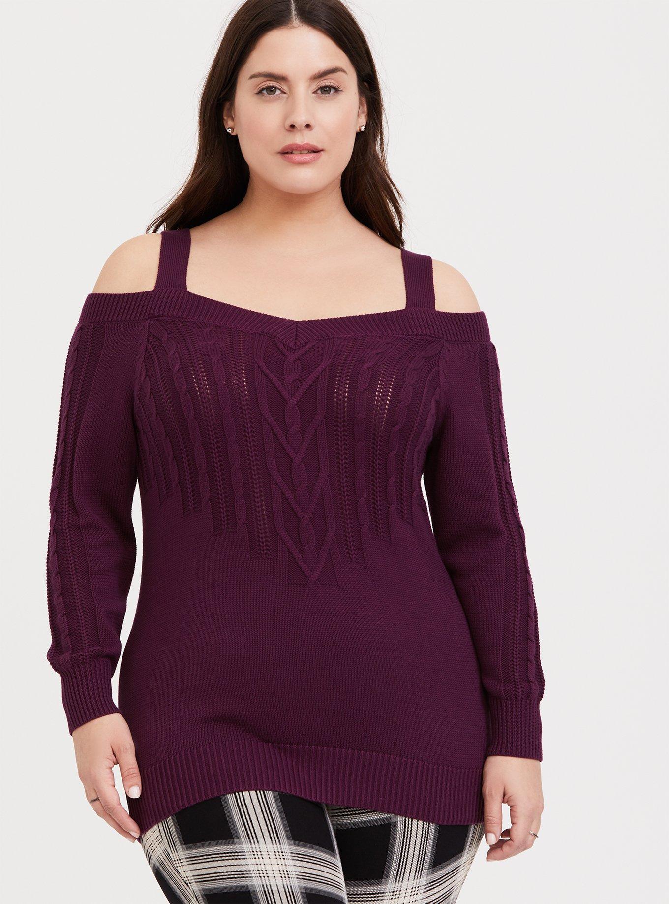 Burgundy Purple Cable Knit Open Shoulder Tunic, , hi-res