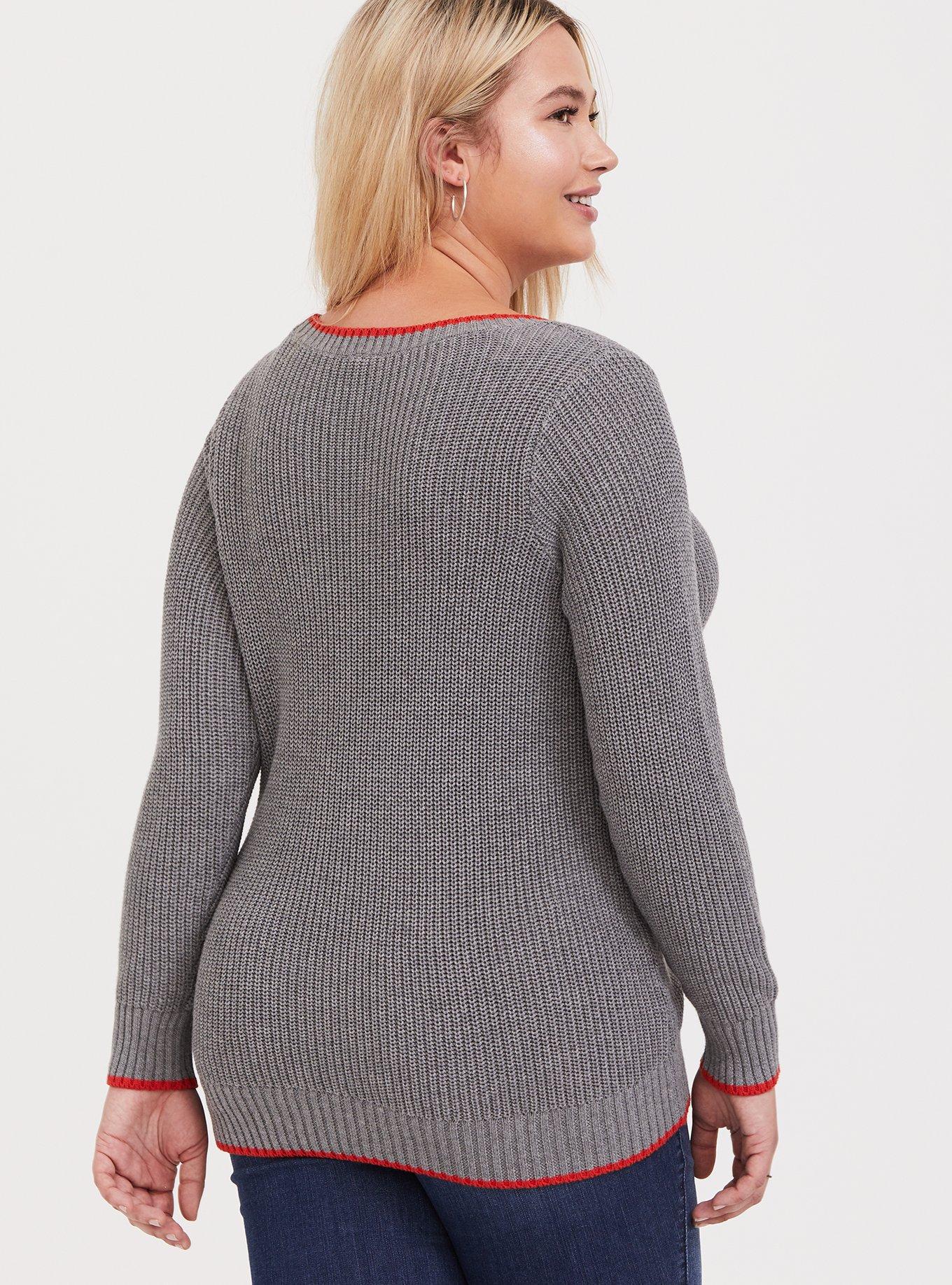 Plus Size Grey Rib & Blood Orange Trim Pullover Sweater, GREY, alternate
