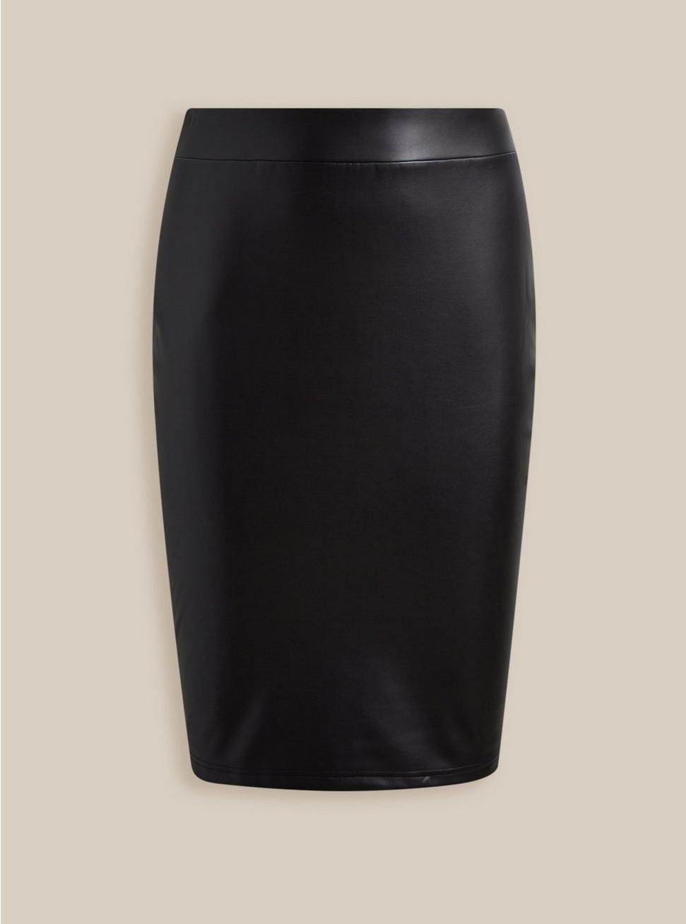 Black Faux Pleather Pencil Skirt, DEEP BLACK, hi-res