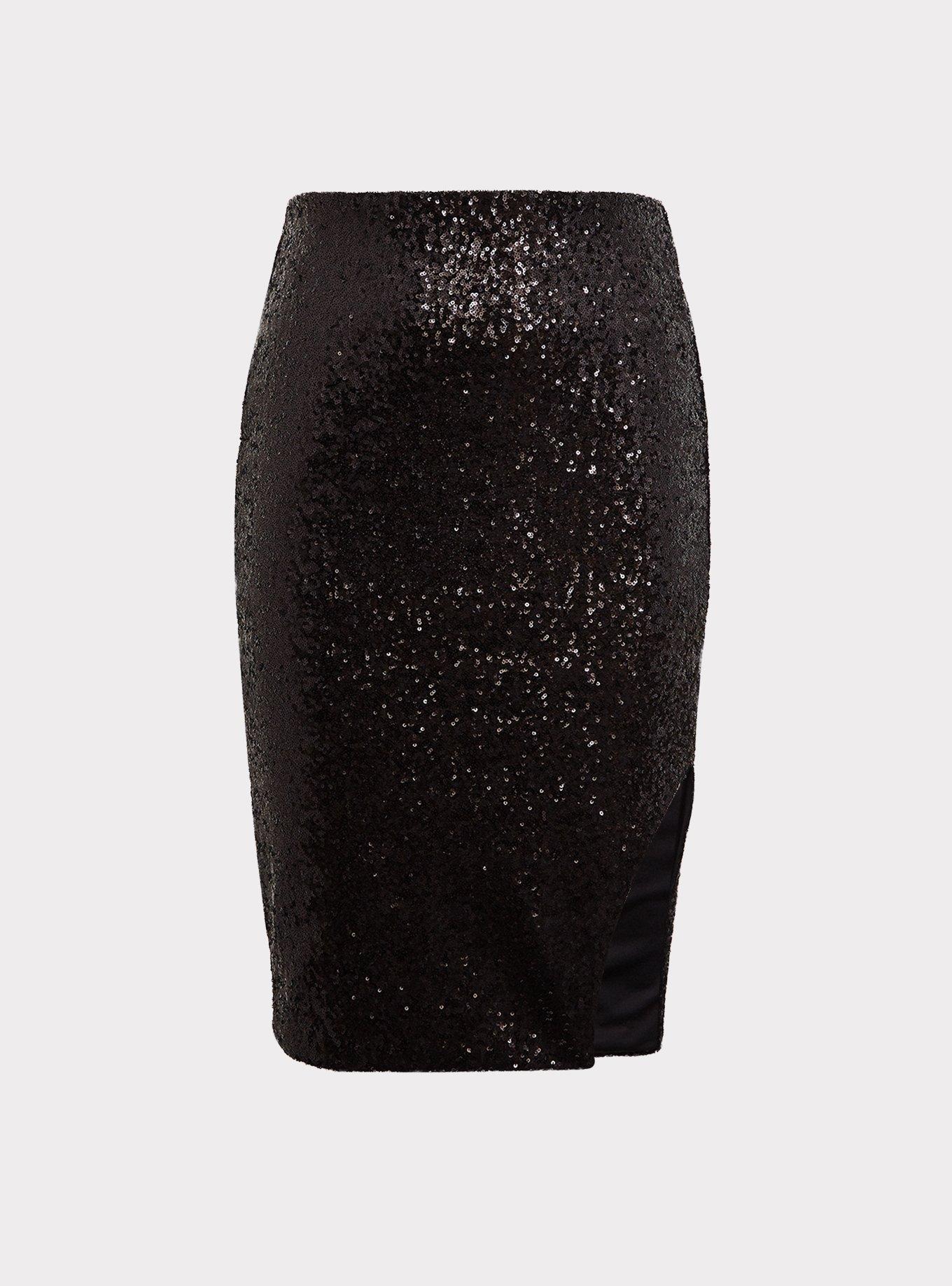 Black Sequin Side Slit Midi Pencil Skirt, , hi-res