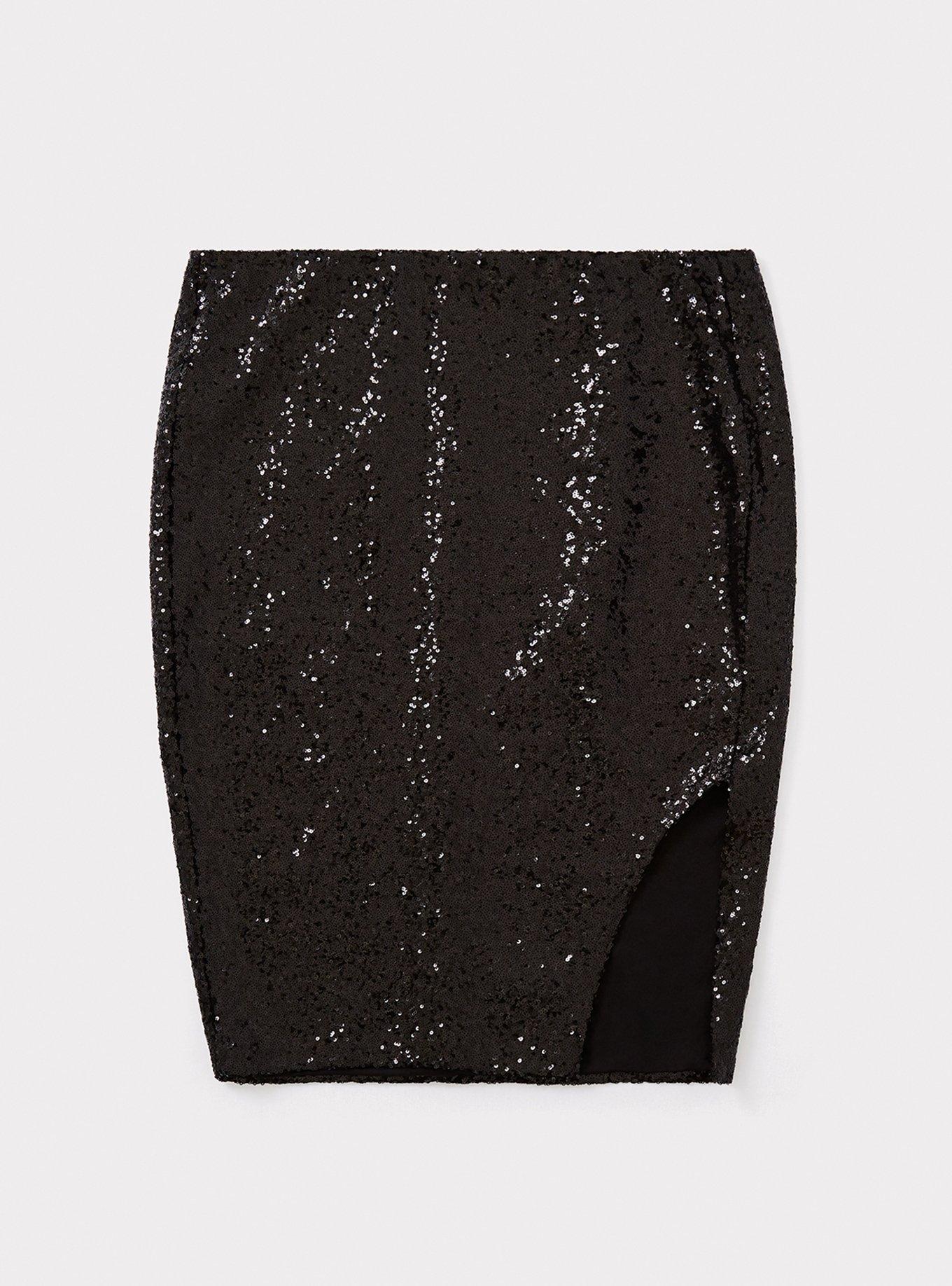 Black Sequin Side Slit Midi Pencil Skirt, , hi-res
