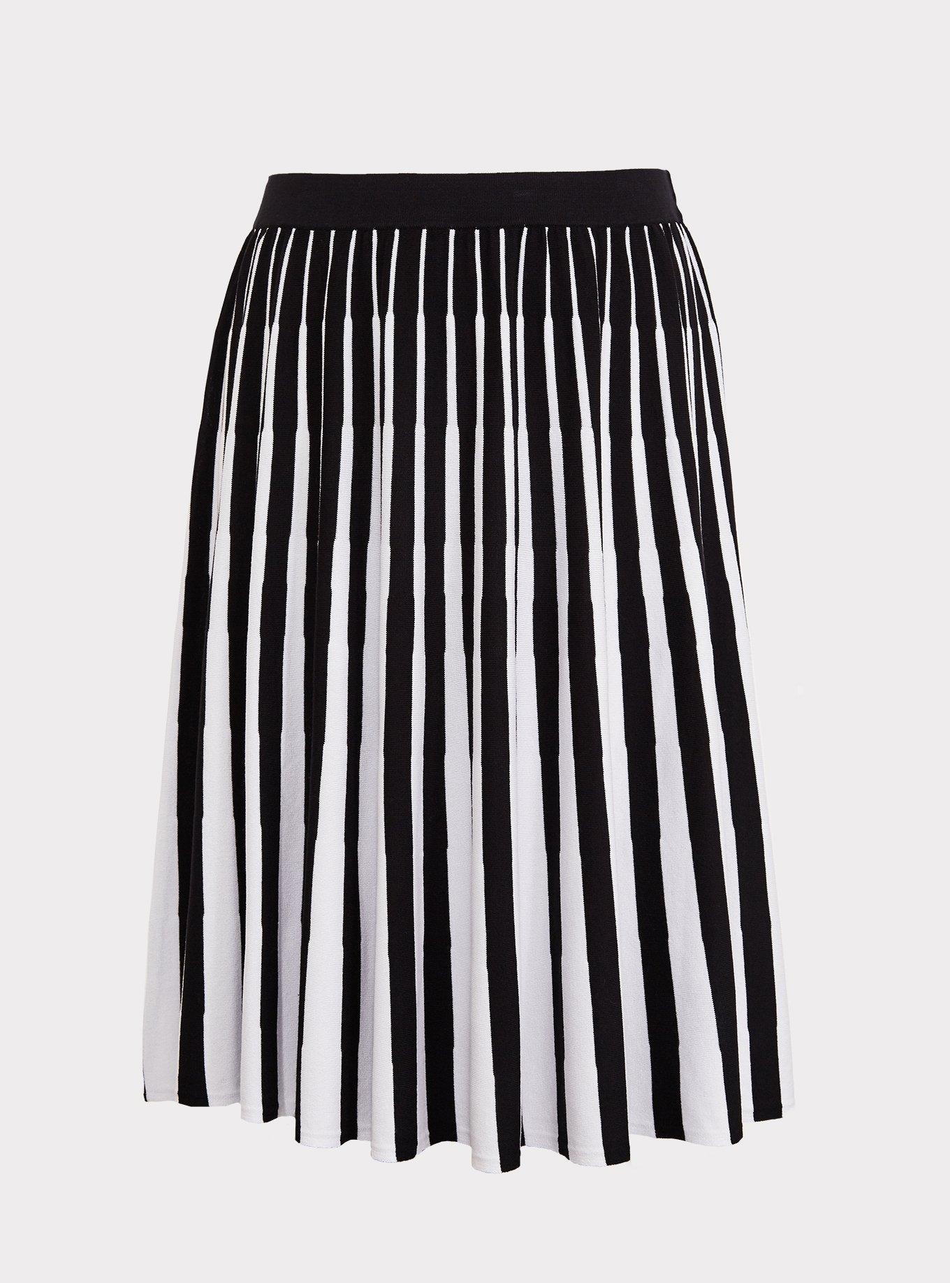 Plus Size - Black & White Stripe Sweater-Knit Pleated Midi Skirt - Torrid