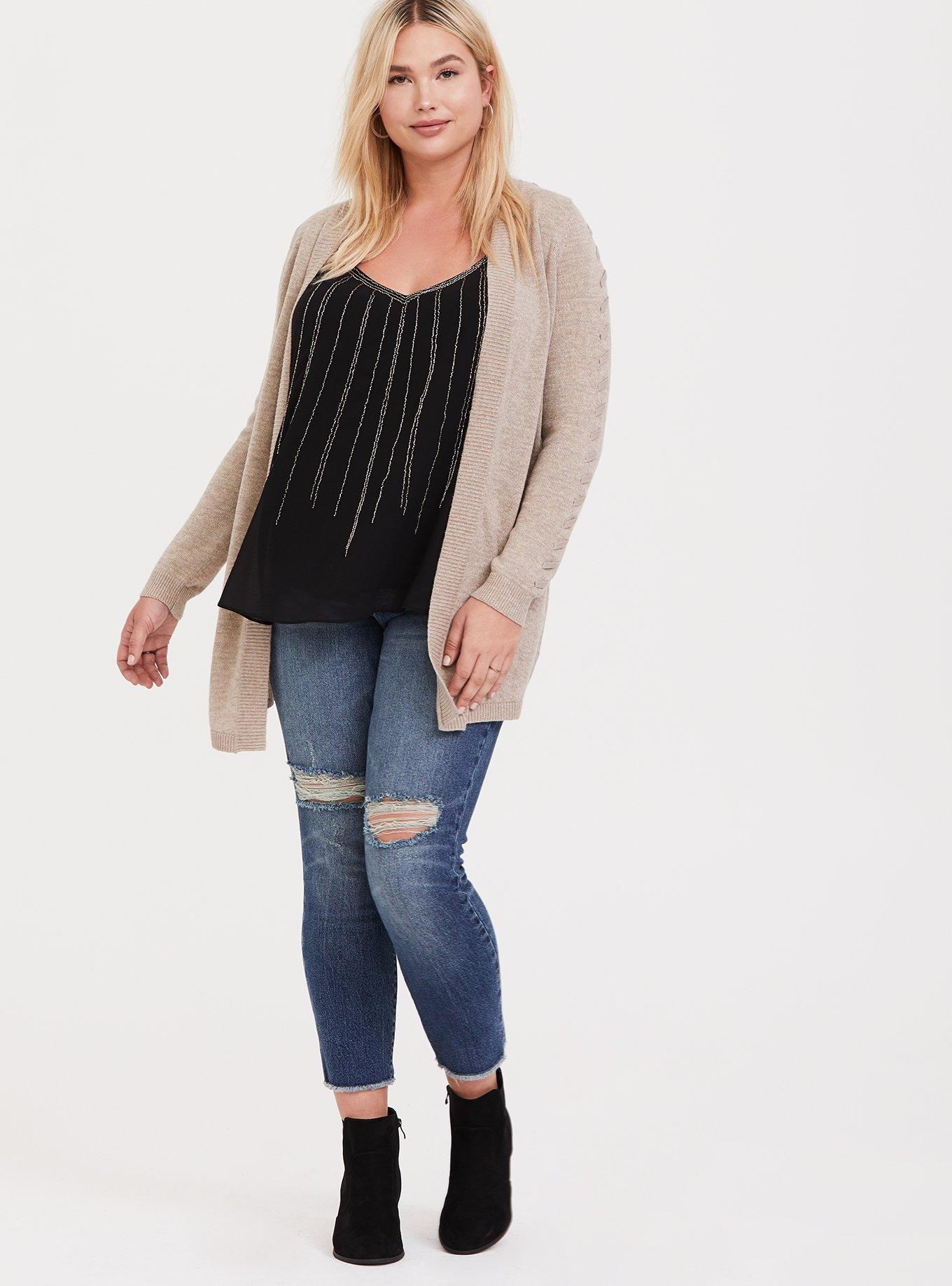 Plus Size Oatmeal Open Front Stitched Cardigan Torrid