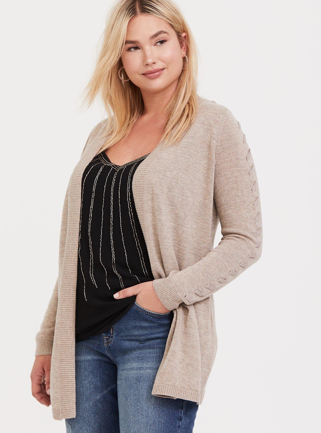 Plus Size Oatmeal Open Front Stitched Cardigan Torrid