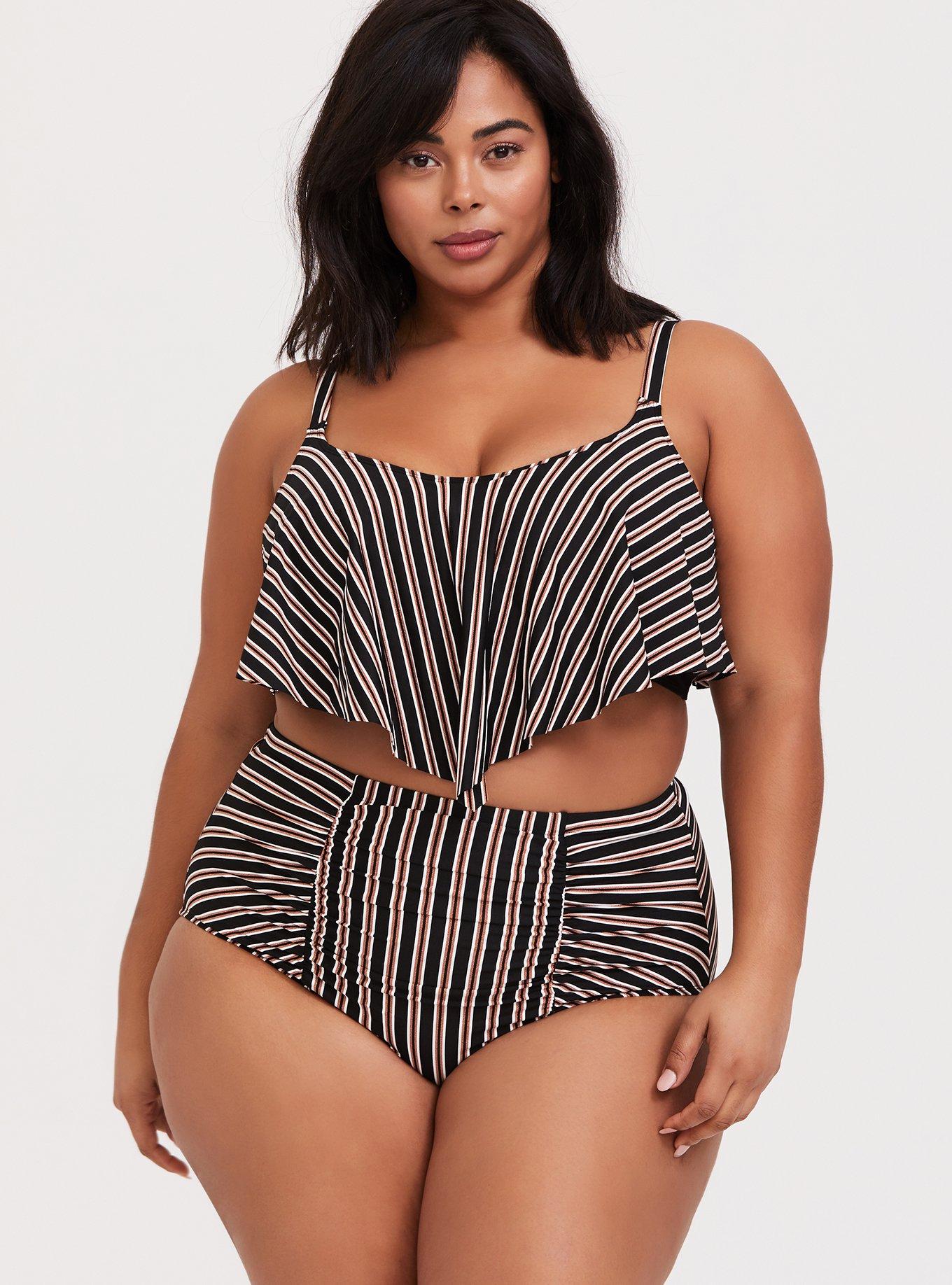 Plus Size Multi Metallic Stripe Wireless Flounce Bikini Top Torrid