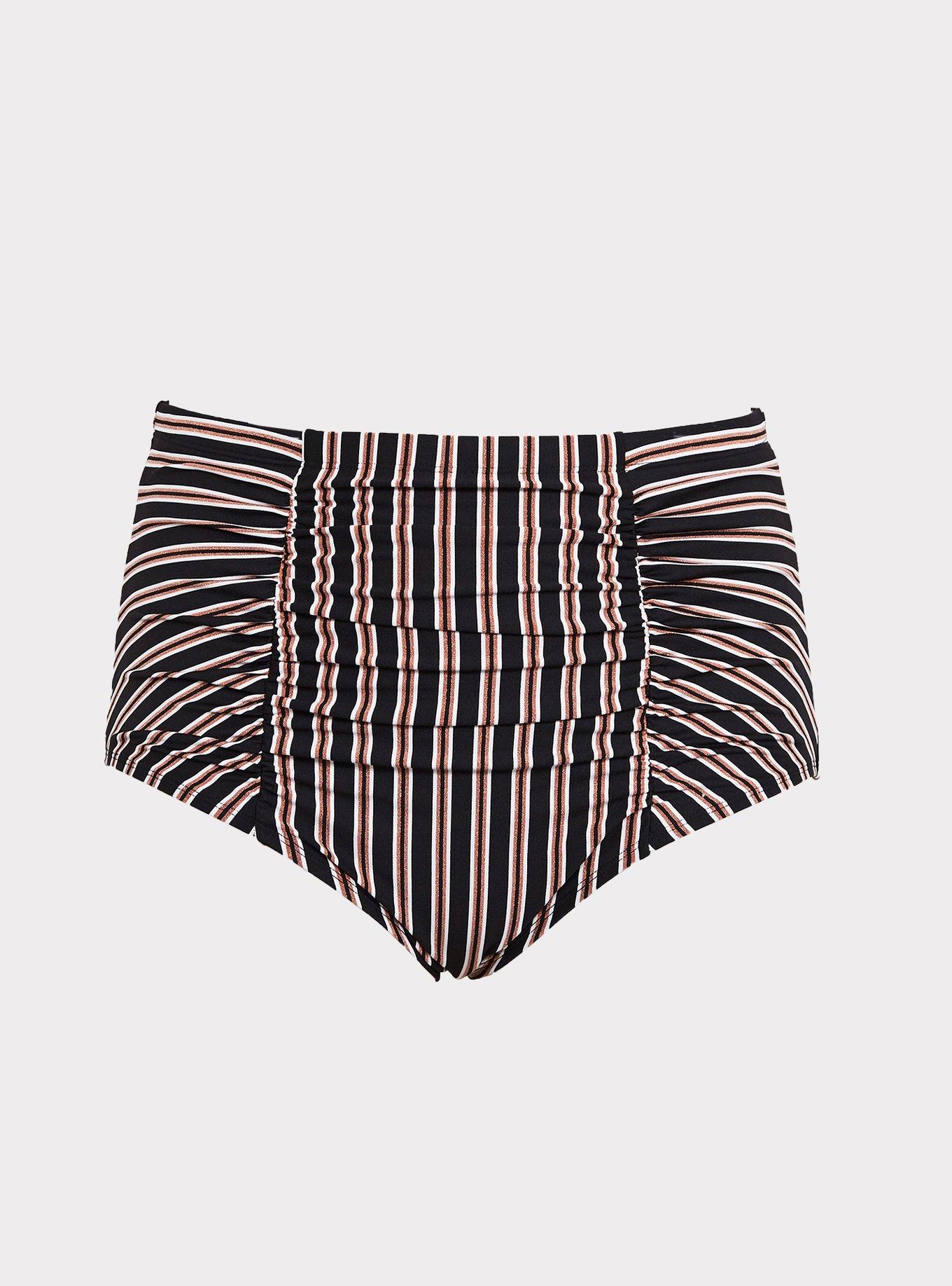 Multi Metallic Stripe High Waist Ruched Swim Bottom, MULTI STRIPE, hi-res