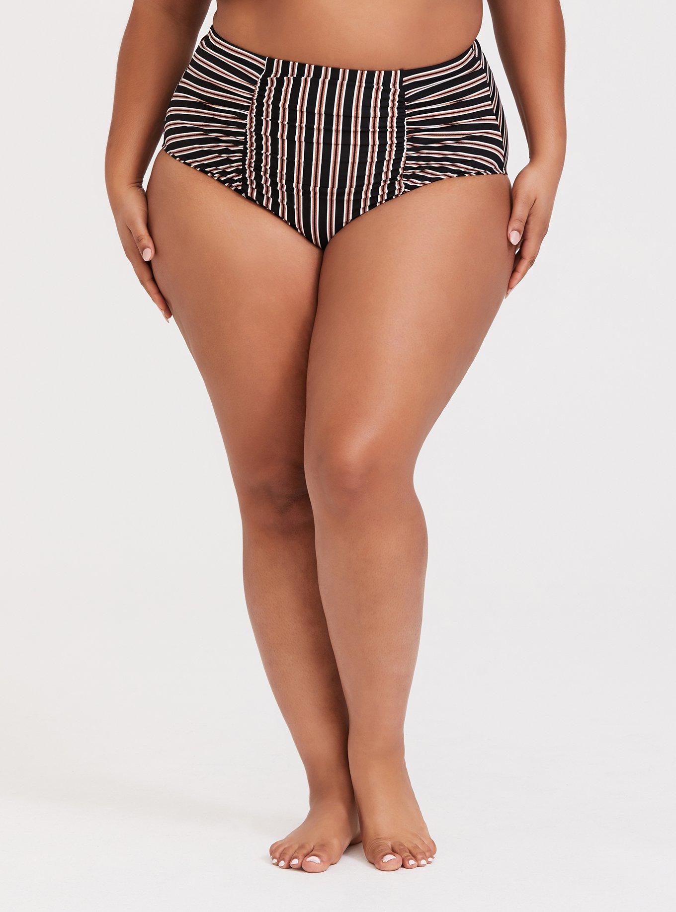 Multi Metallic Stripe High Waist Ruched Swim Bottom, MULTI STRIPE, hi-res