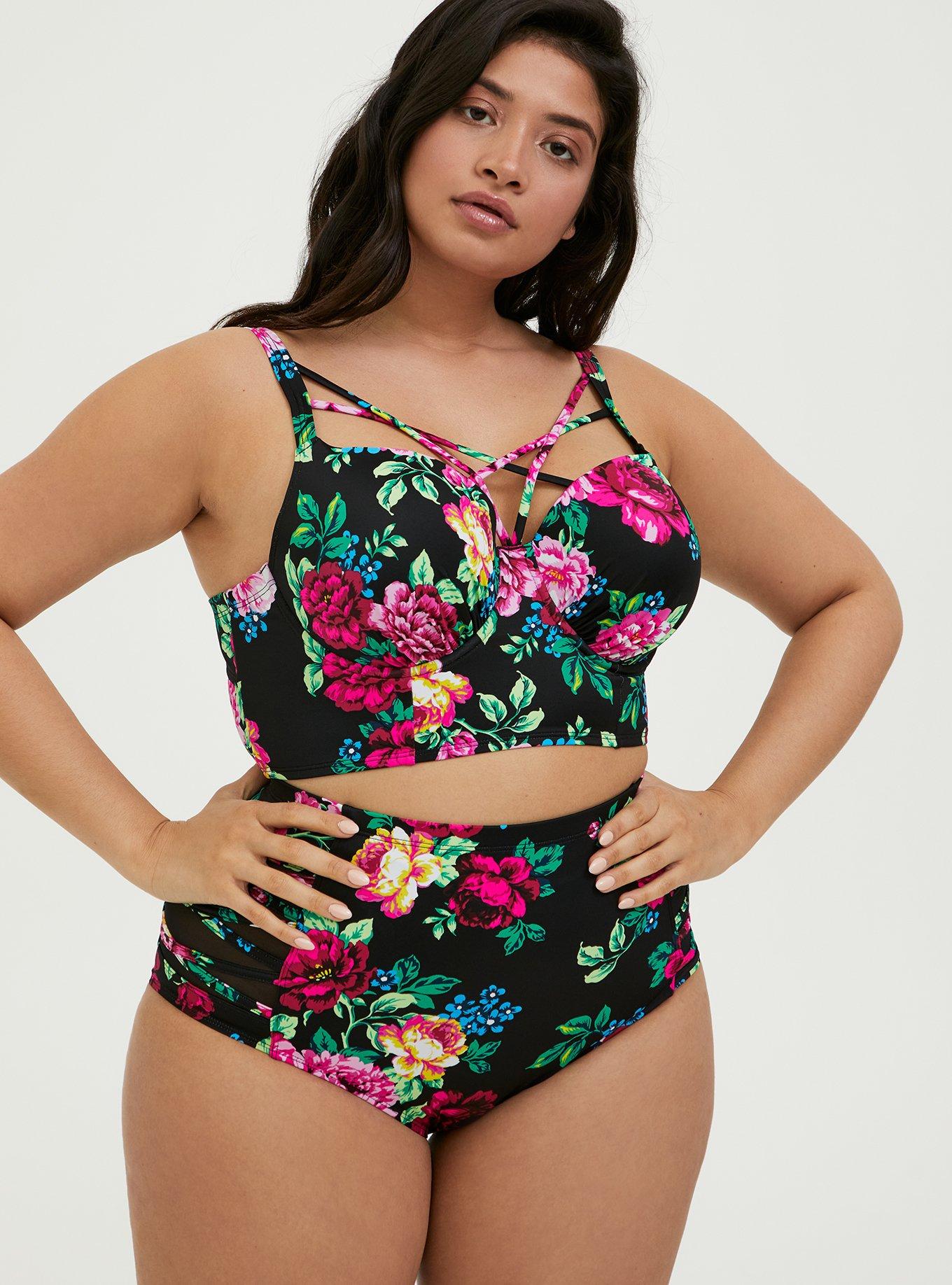 Swimsuits For All Women's Plus Size Bra-Sized Cross-Front Tankini Top 46 Dd  Black Paradise Floral