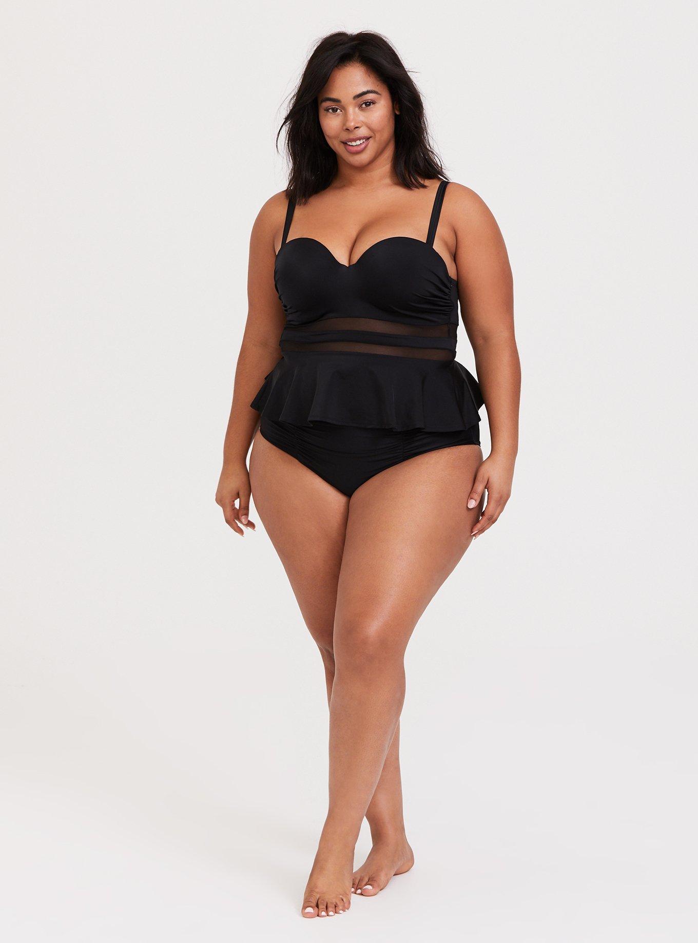 Plus Size Underwire Mesh Cutout Peplum Tankini, DEEP BLACK, alternate