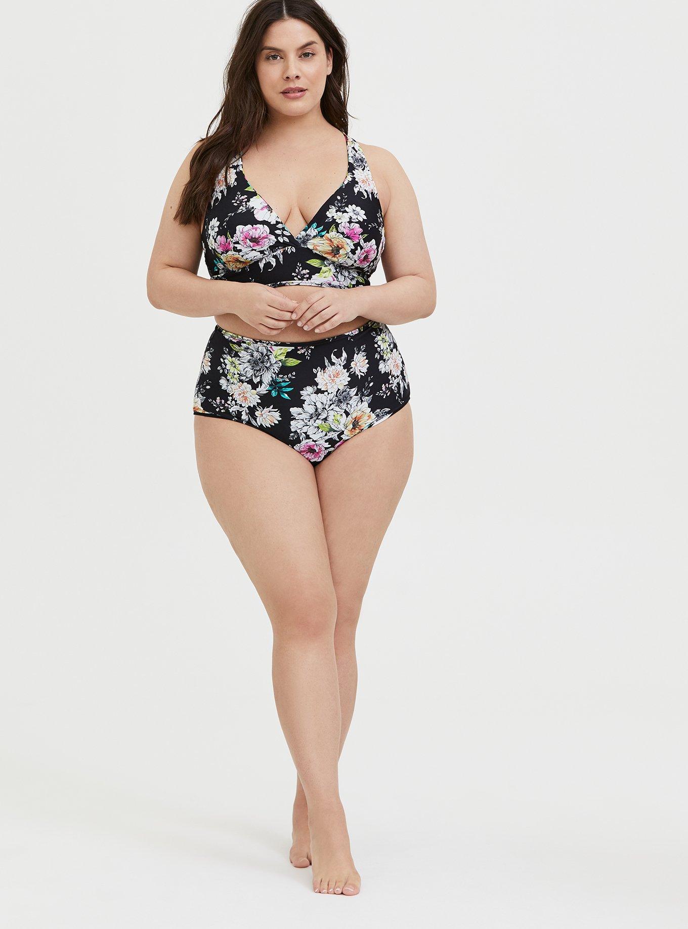 Plus Size Black Floral & Stripe Reversible Brief Swim Bottom, FLORAL STRIPE, alternate