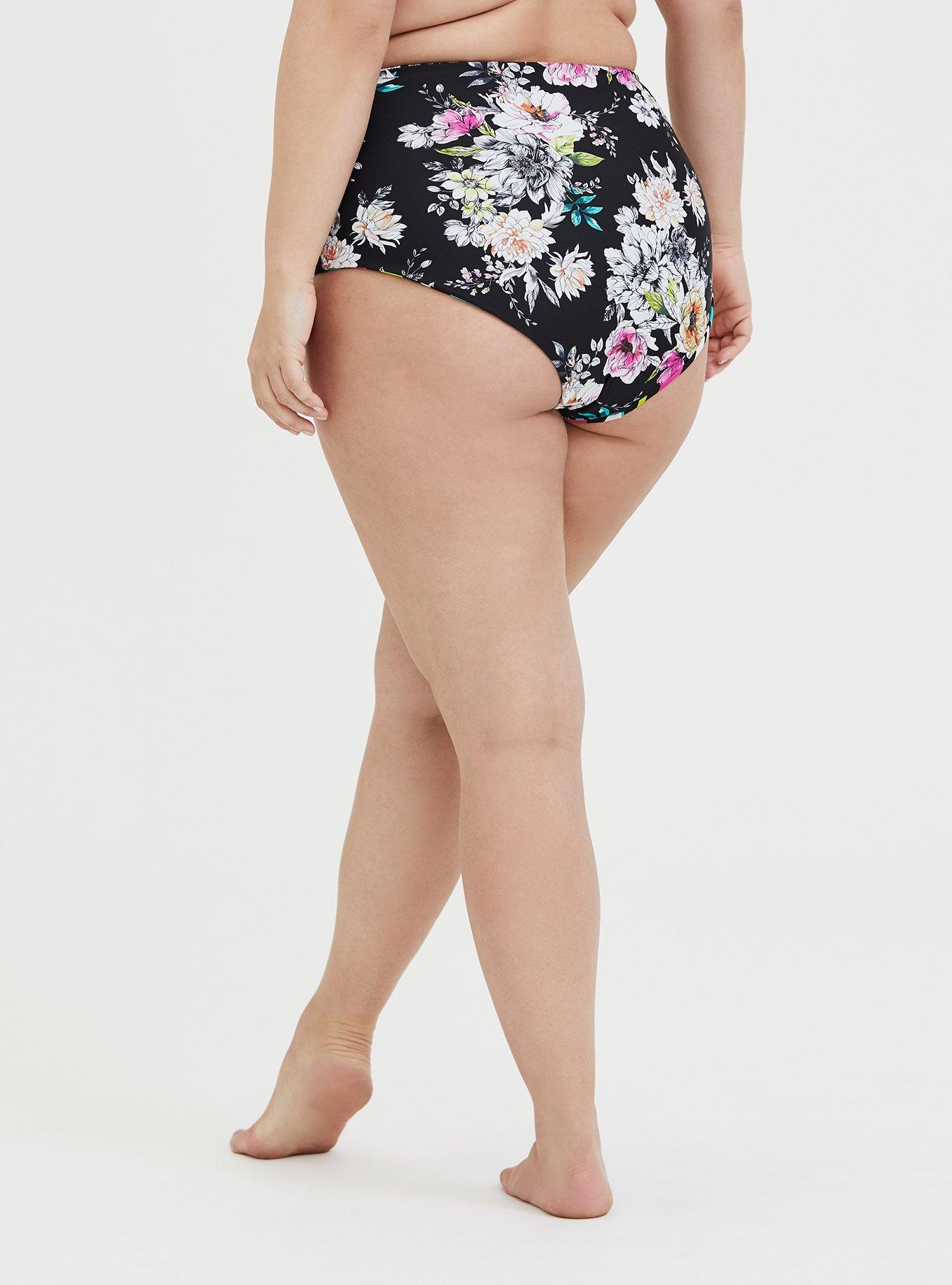 Plus Size Black Floral & Stripe Reversible Brief Swim Bottom, FLORAL STRIPE, alternate