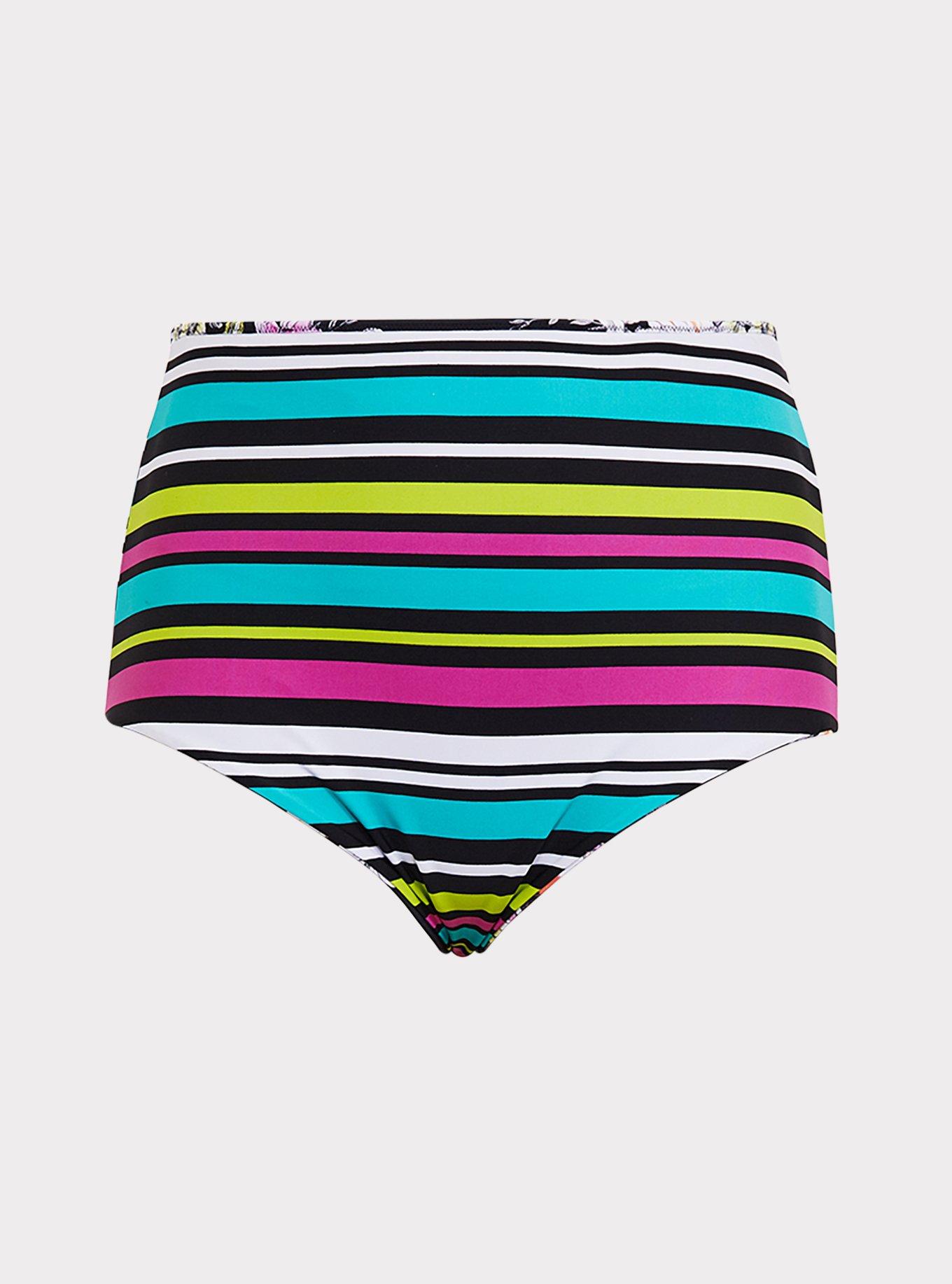 Plus Size Black Floral & Stripe Reversible Brief Swim Bottom, FLORAL STRIPE, alternate