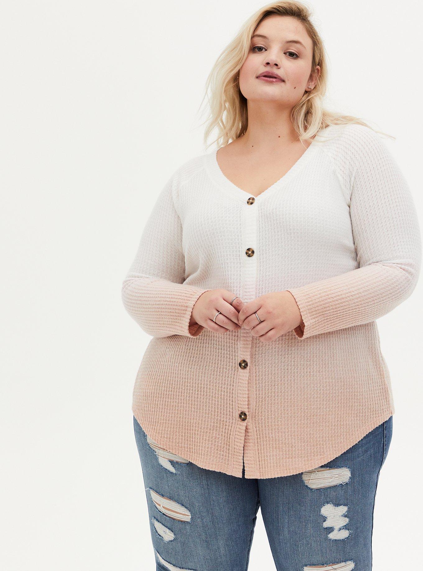 Plus Size Waffle V-Neck Button-Front Long Sleeve Top Torrid