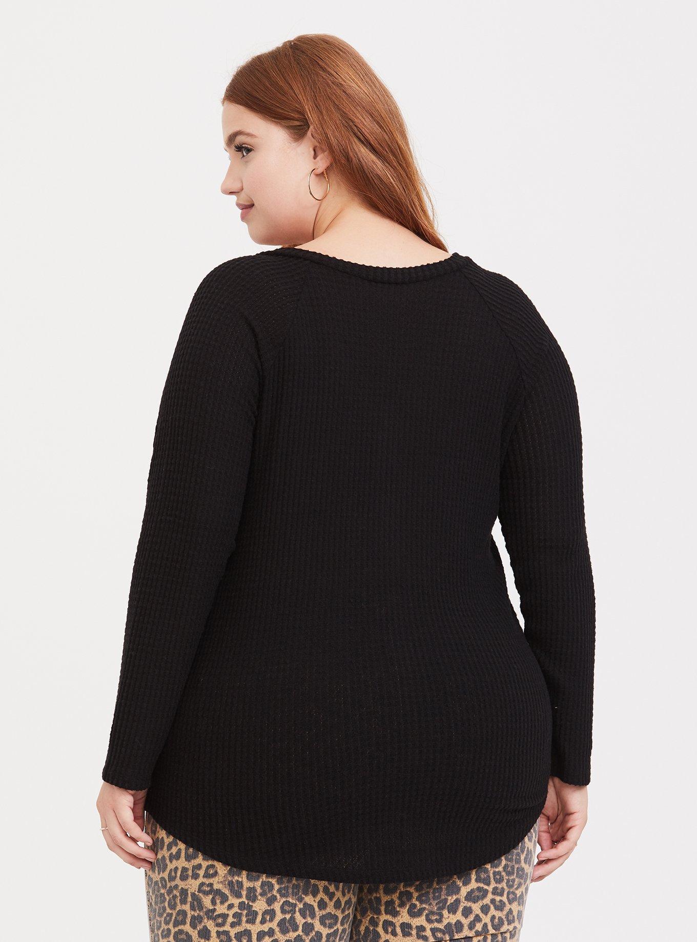 Waffle V-Neck Button-Front Long Sleeve Top, DEEP BLACK, alternate