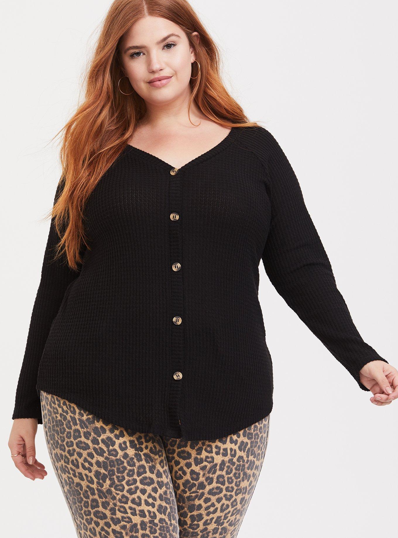 Plus Size Waffle Knit Button Up Collared Neck Shirt