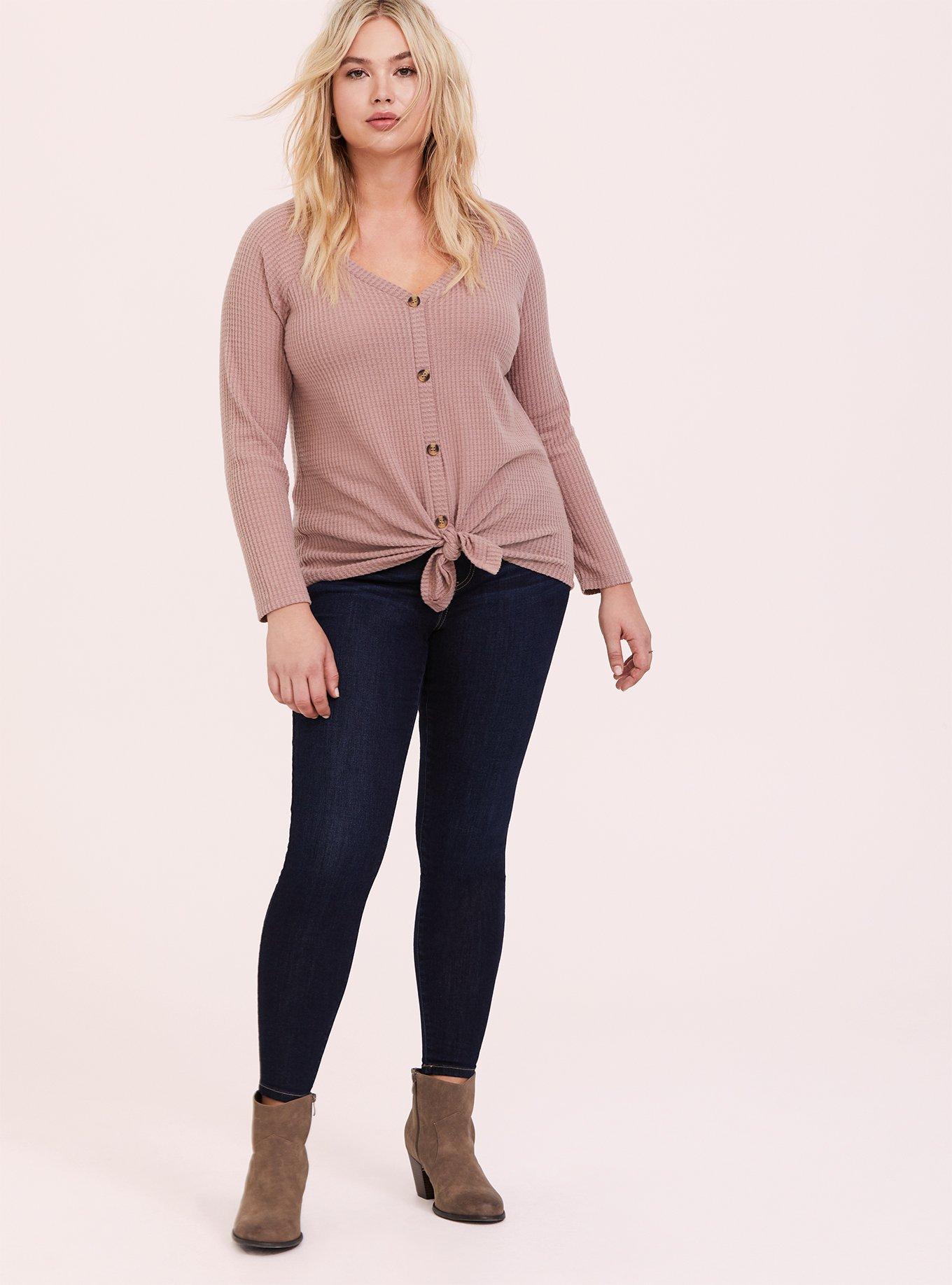 Plus Size - Waffle V-Neck Button-Front Long Sleeve Top - Torrid