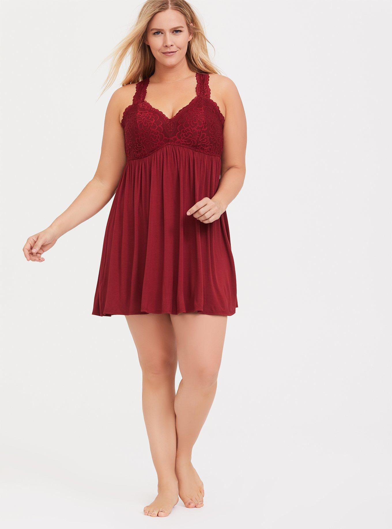 Super Soft Lace Racerback Sleep Babydoll Gown, RED, alternate