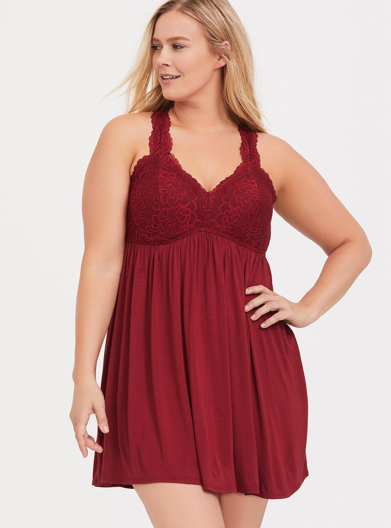 Super Soft Lace Racerback Sleep Babydoll Gown, RED, hi-res