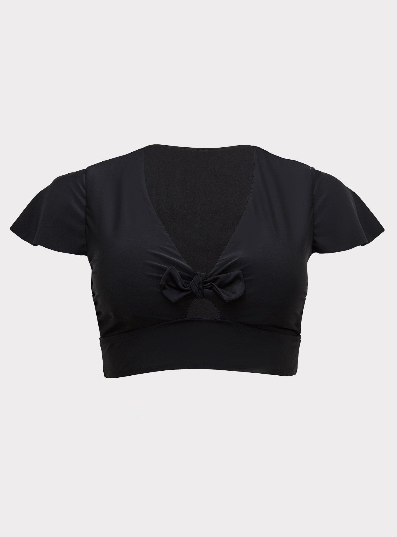 Plus Black Zip Collar Short Sleeve Bikini Top