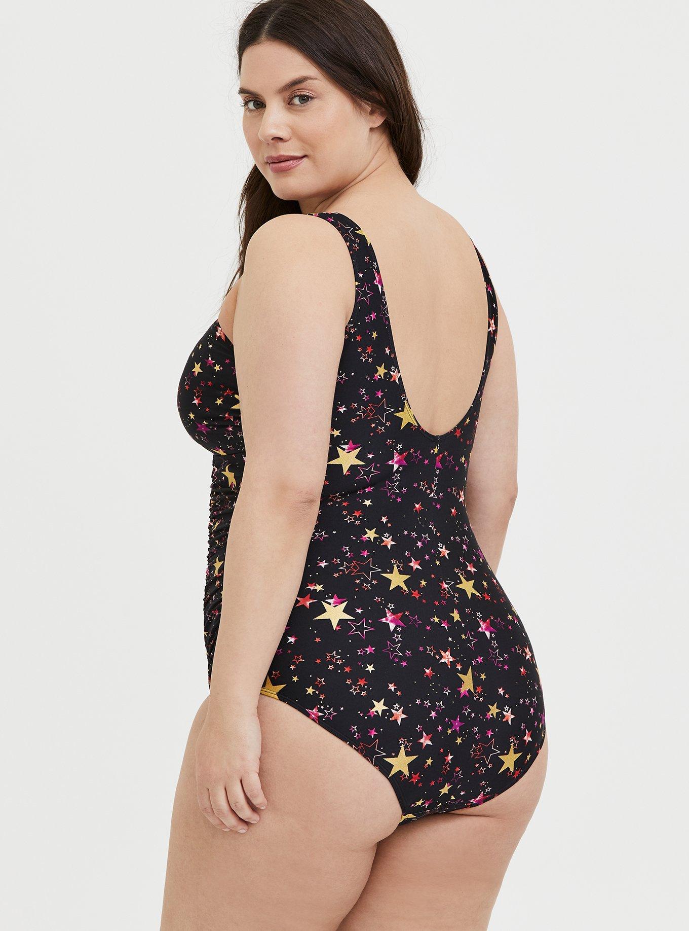 Plus Size Black Gold Foil Star Lattice Wireless One Piece Swimsuit Torrid