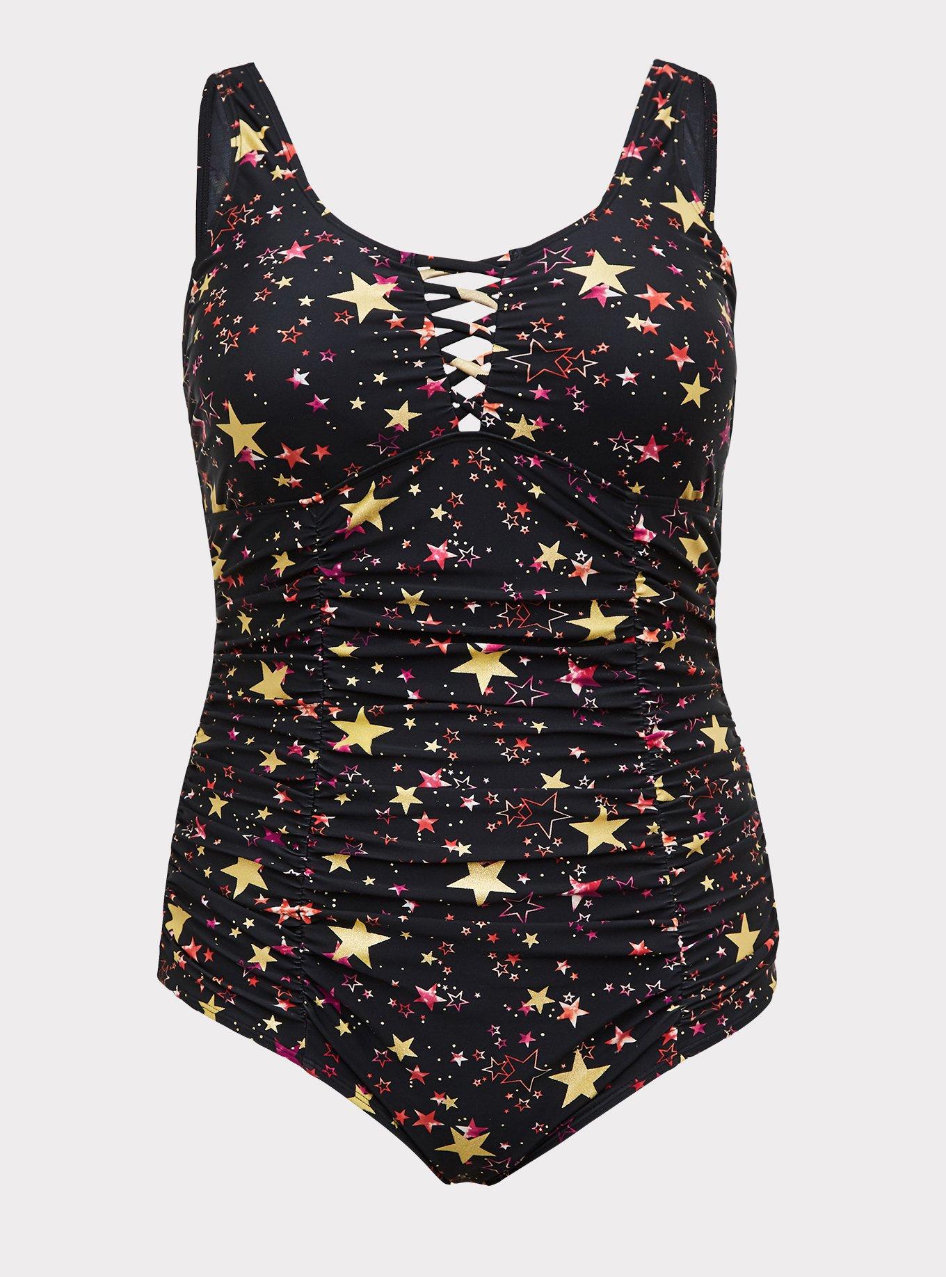 Black & Gold Foil Star Lattice Wireless One-Piece Swimsuit, , hi-res