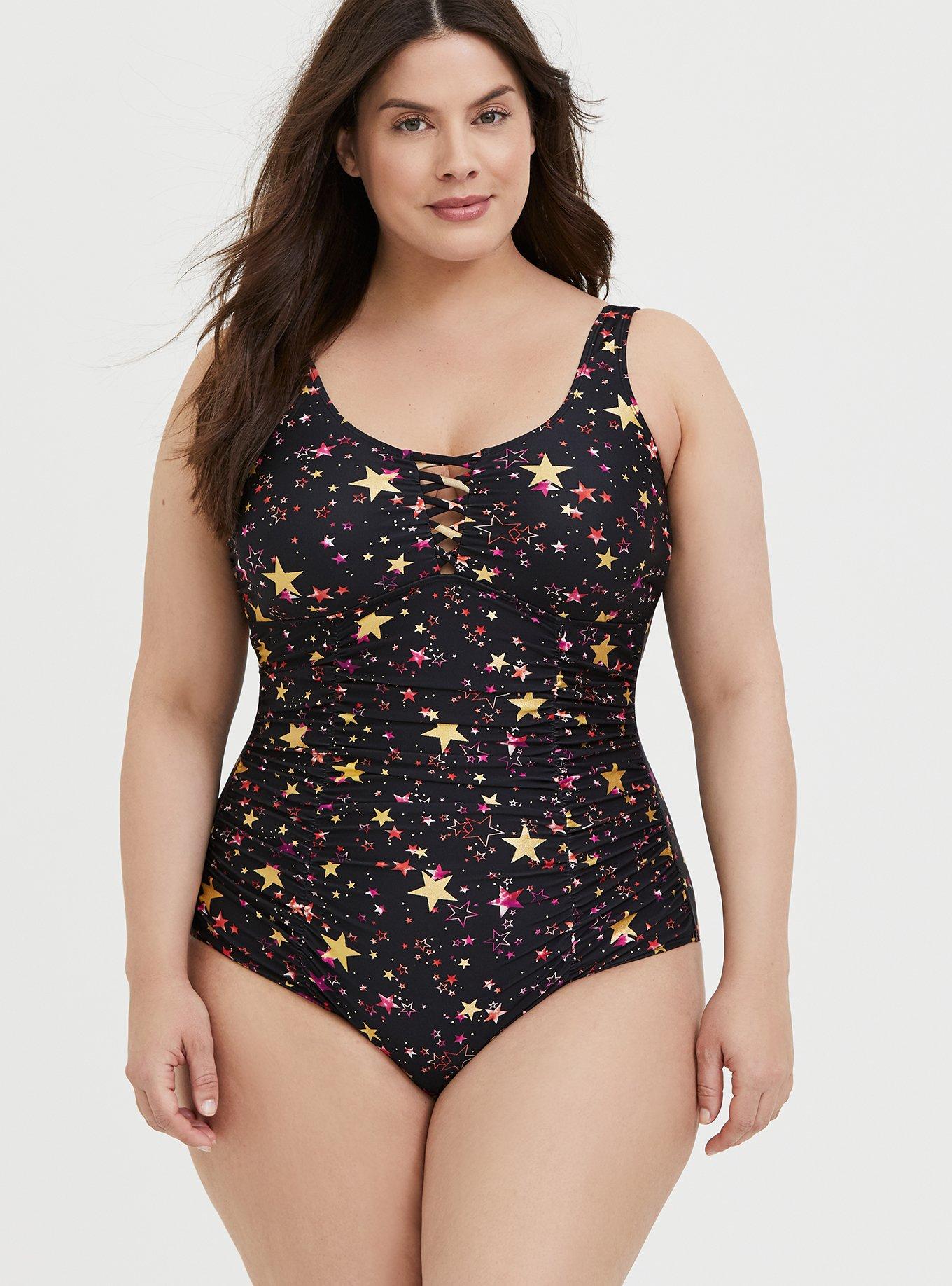 Black & Gold Foil Star Lattice Wireless One-Piece Swimsuit, , hi-res