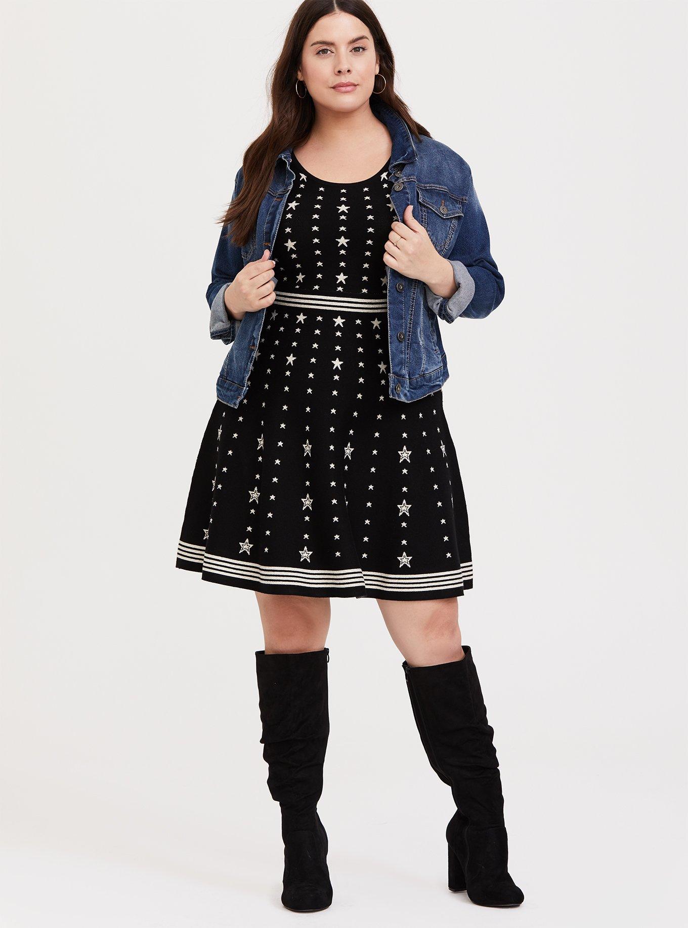 Plus Size - Black & White Star Sweater-Knit Skater Dress - Torrid