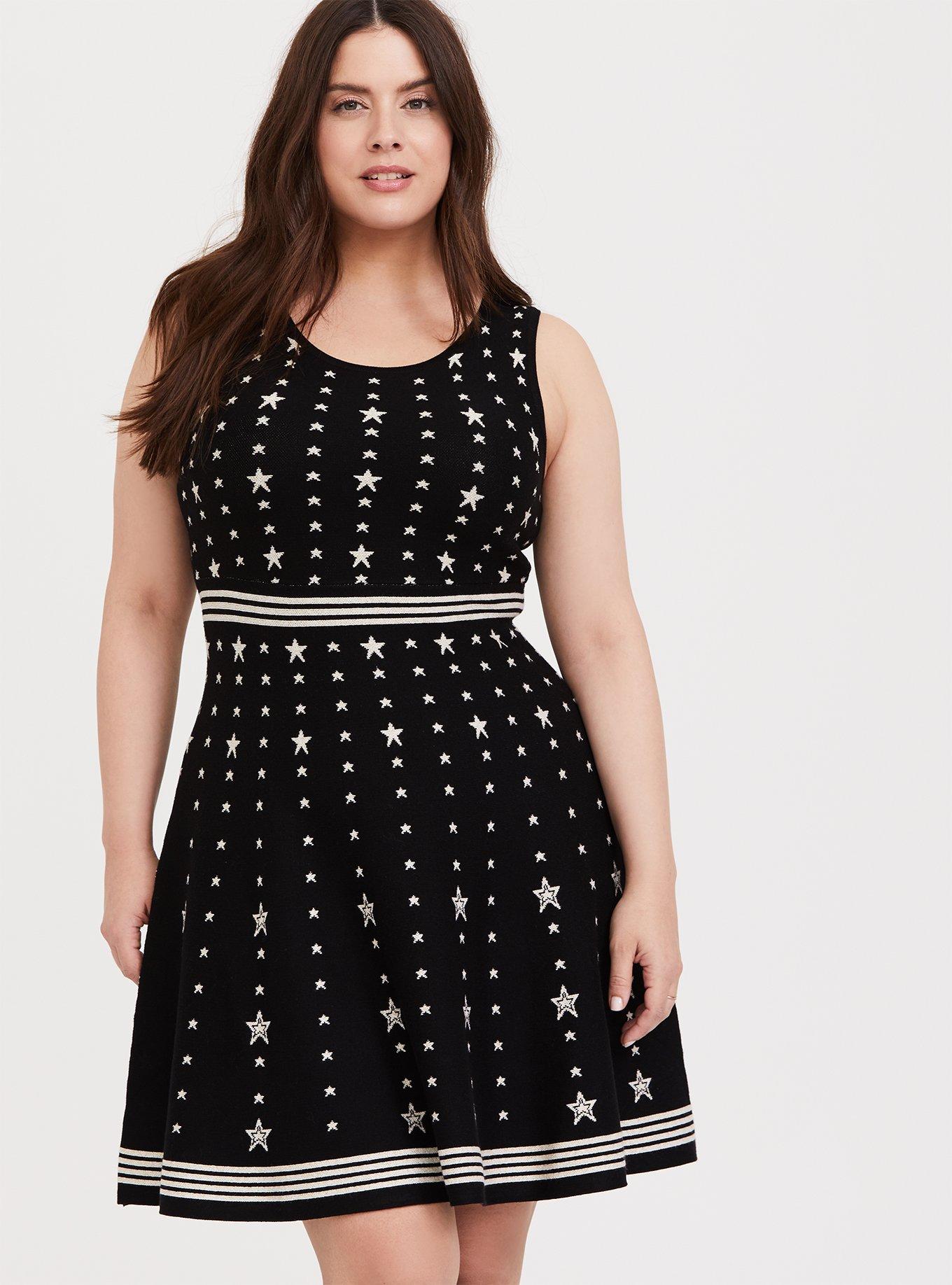 Plus Size - Black & White Star Sweater-Knit Skater Dress - Torrid