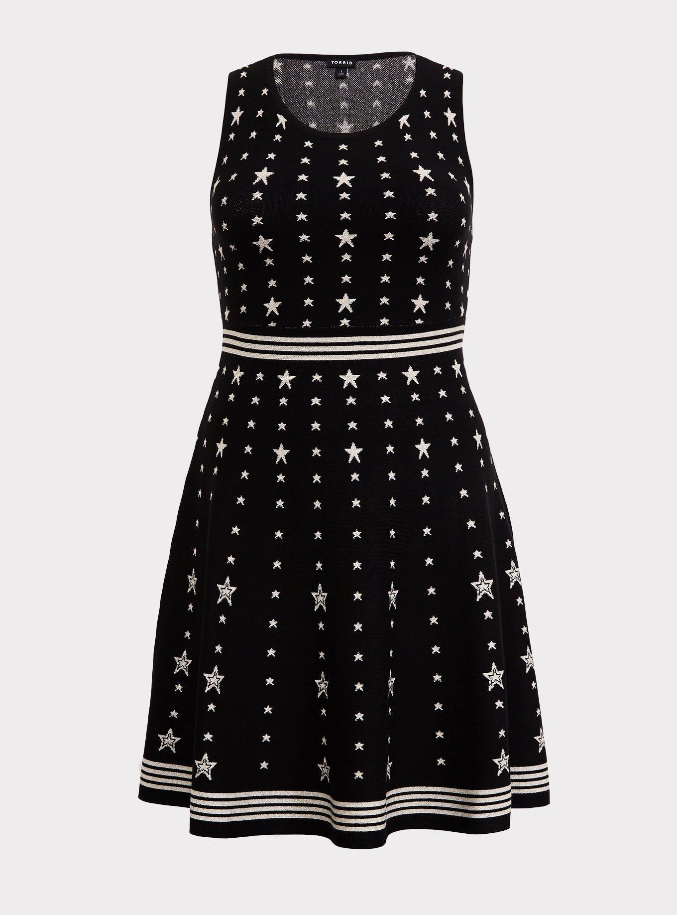 Plus Size Black & White Star Sweater-Knit Skater Dress, , hi-res