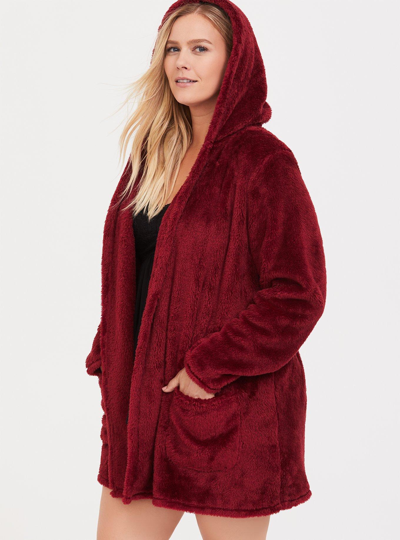 Plus Size Dark Red Fuzzy Sleep Robe, RED, hi-res