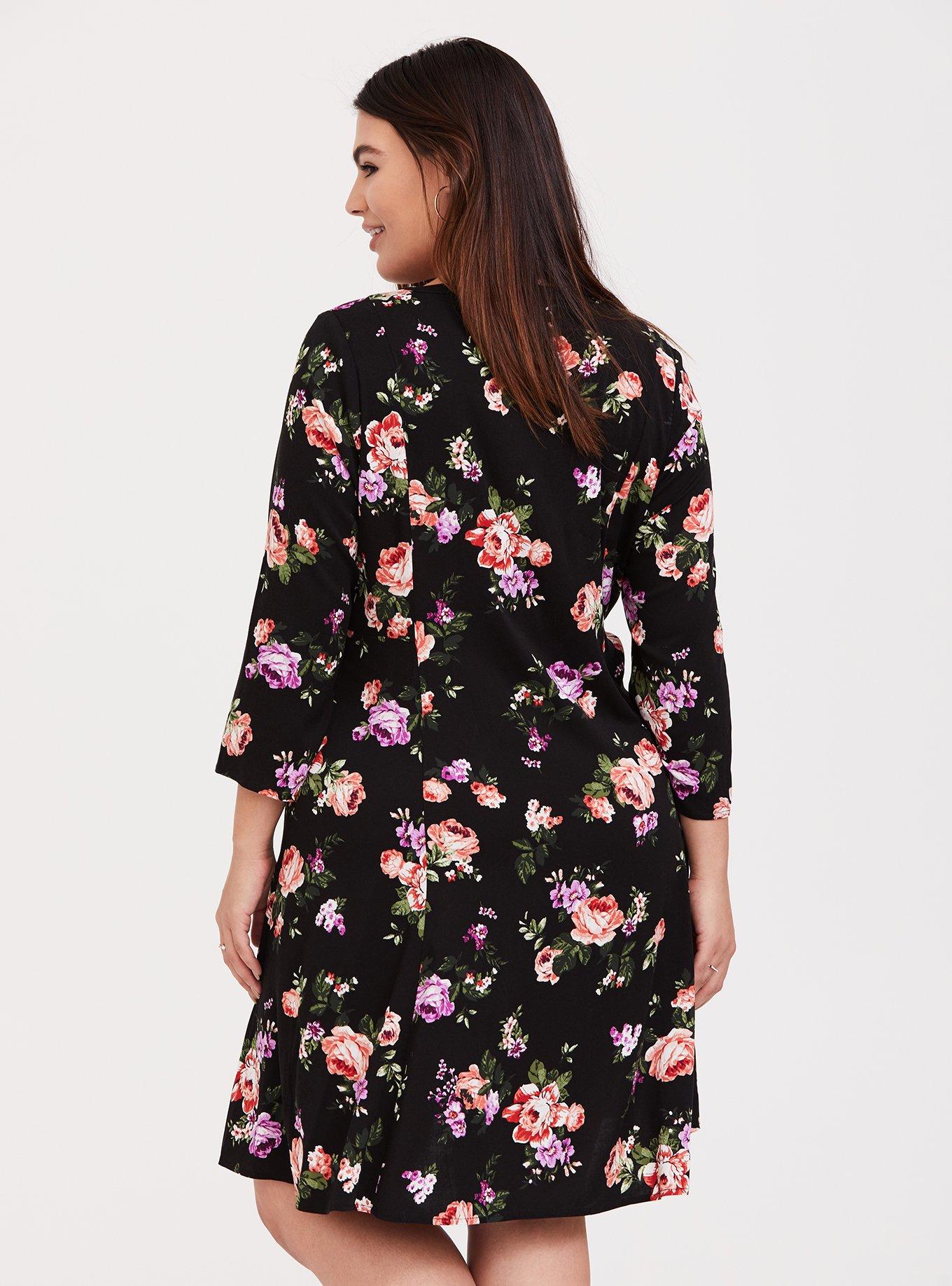 Plus Size - Black Floral Challis Button Front Trapeze Dress - Torrid