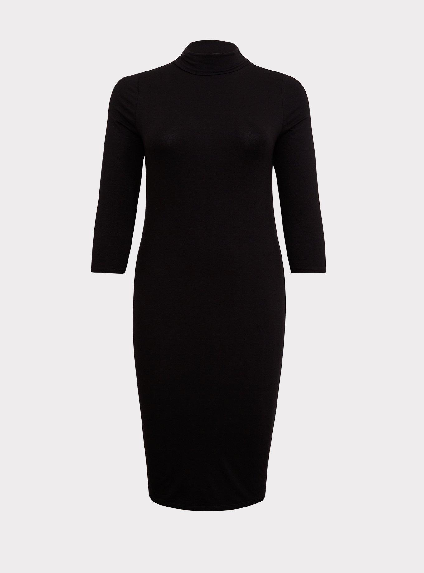 Black Jersey Turtleneck Bodycon Midi Dress, DEEP BLACK, hi-res