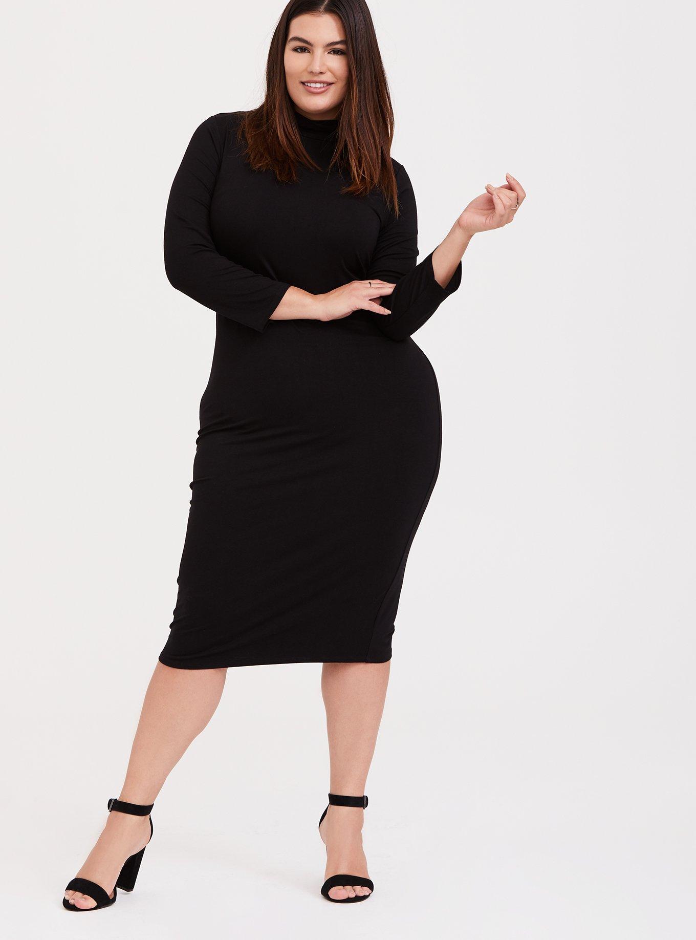 Black Jersey Turtleneck Bodycon Midi Dress, , hi-res