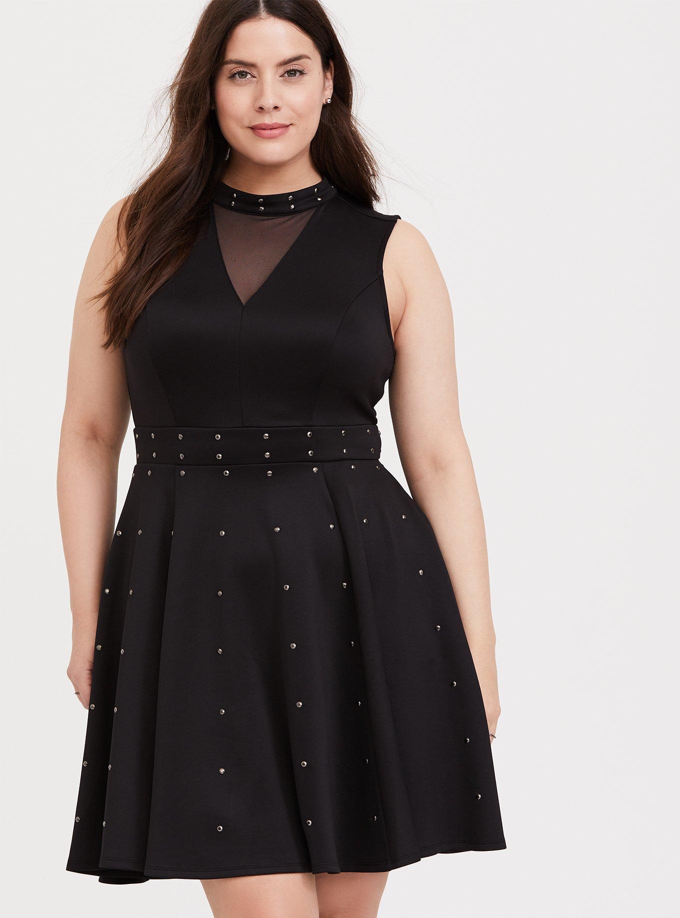 Plus Size Black Scuba Knit Studded Skater Dress Torrid