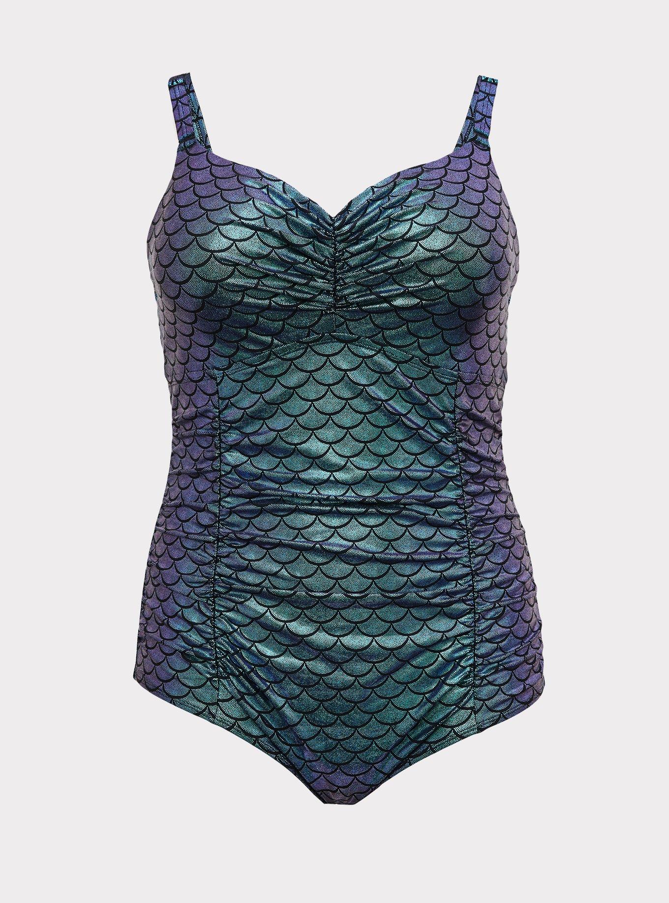 Torrid Black & Purple Iridescent Mermaid Scale Lattice Back Ruched