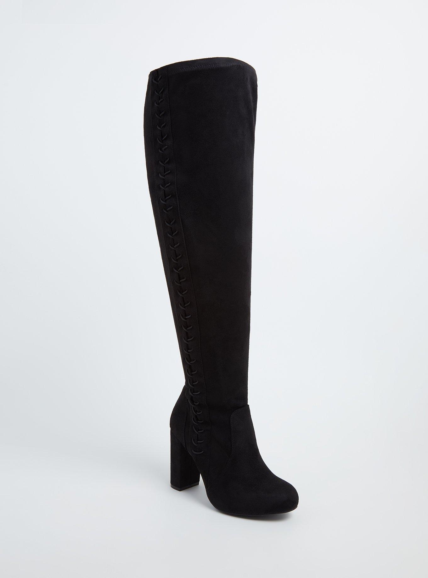 Plus Size Black Faux Suede Stretch Corset Over-the-Knee Boot (WW), , hi-res