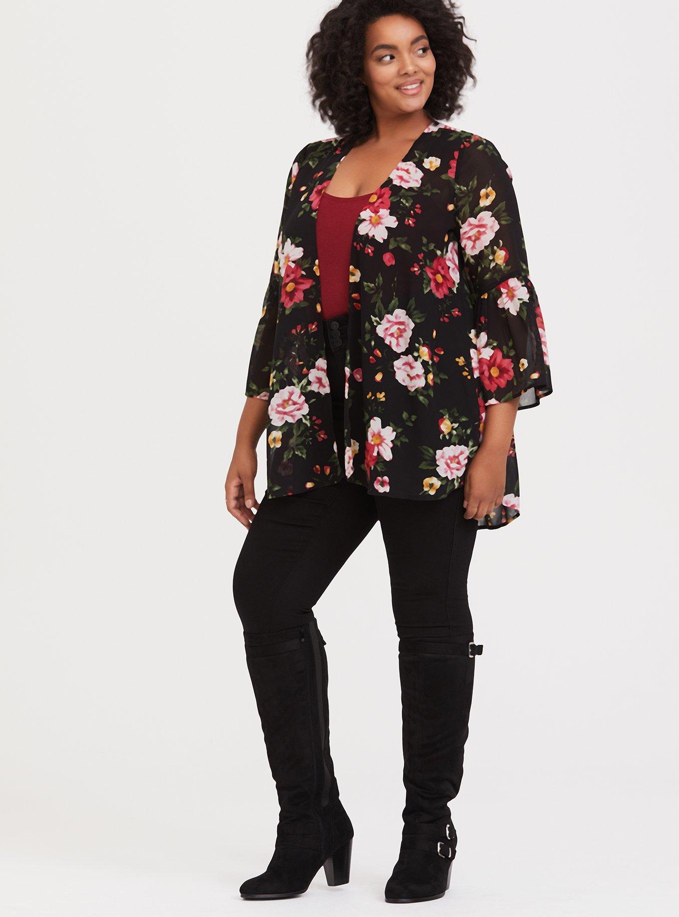 Plus Size - Black Floral Chiffon Kimono - Torrid