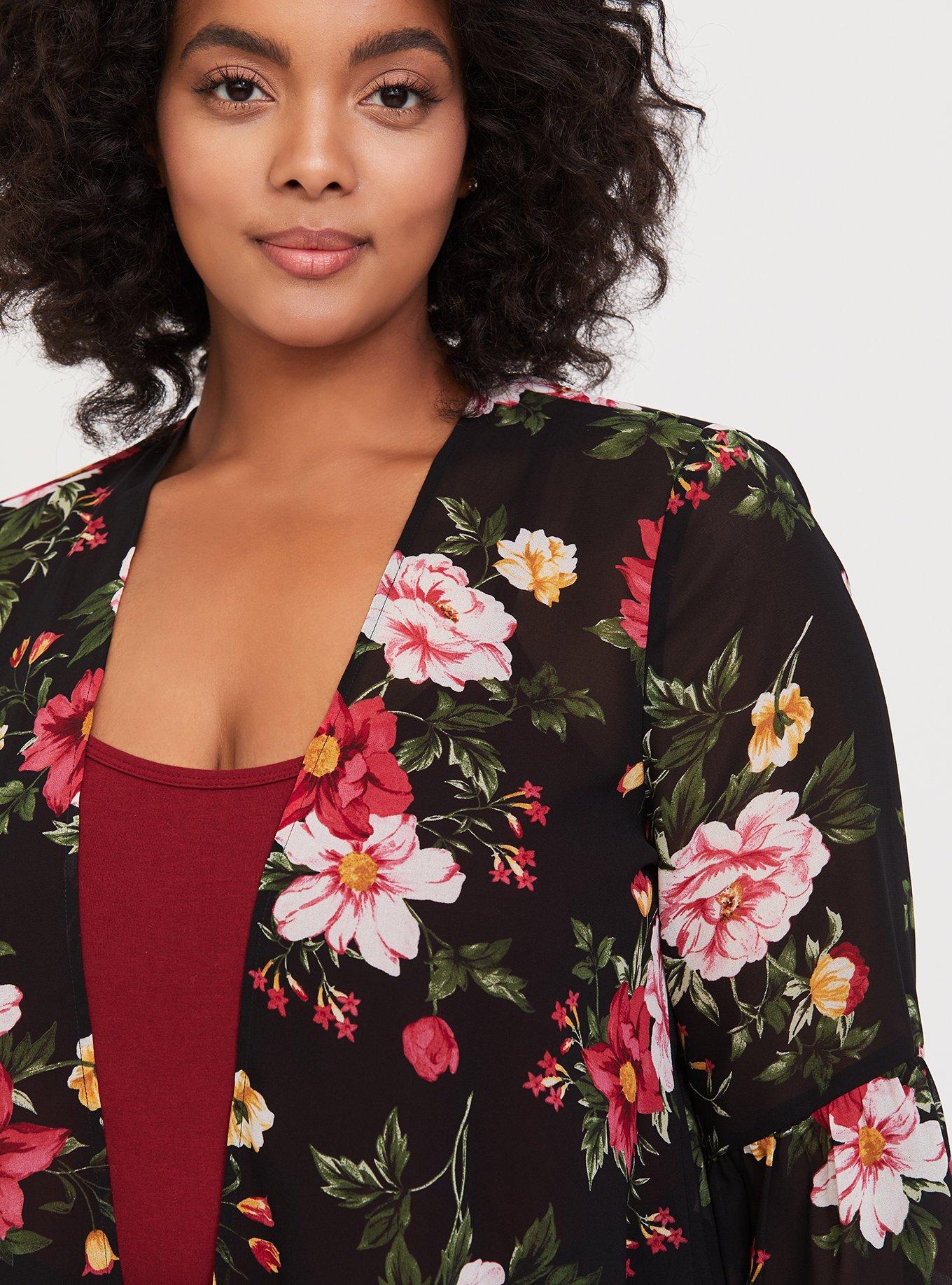 Black Floral Chiffon Kimono, FLORAL BLACK, alternate