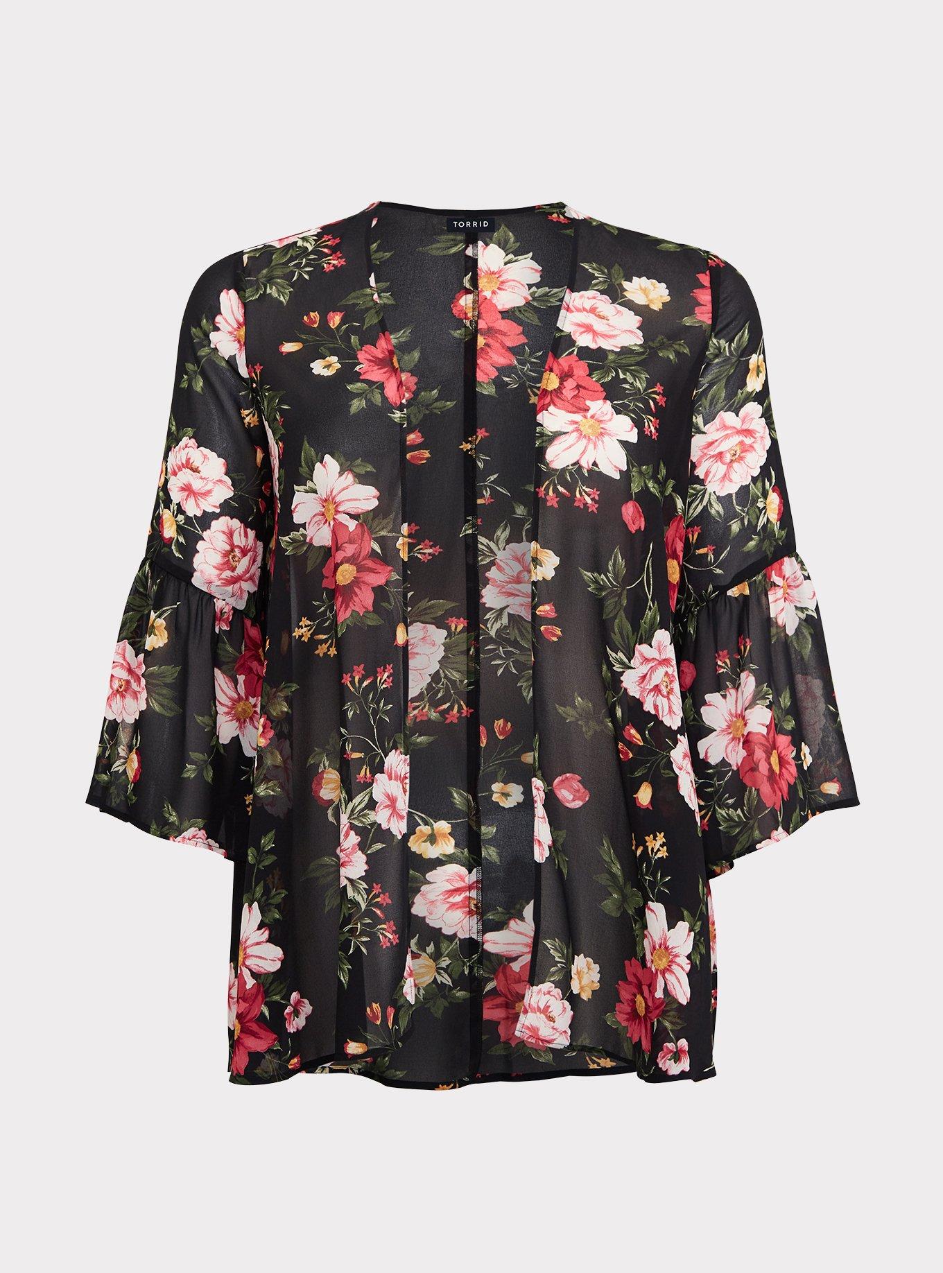 Plus Size - Black Floral Chiffon Kimono - Torrid