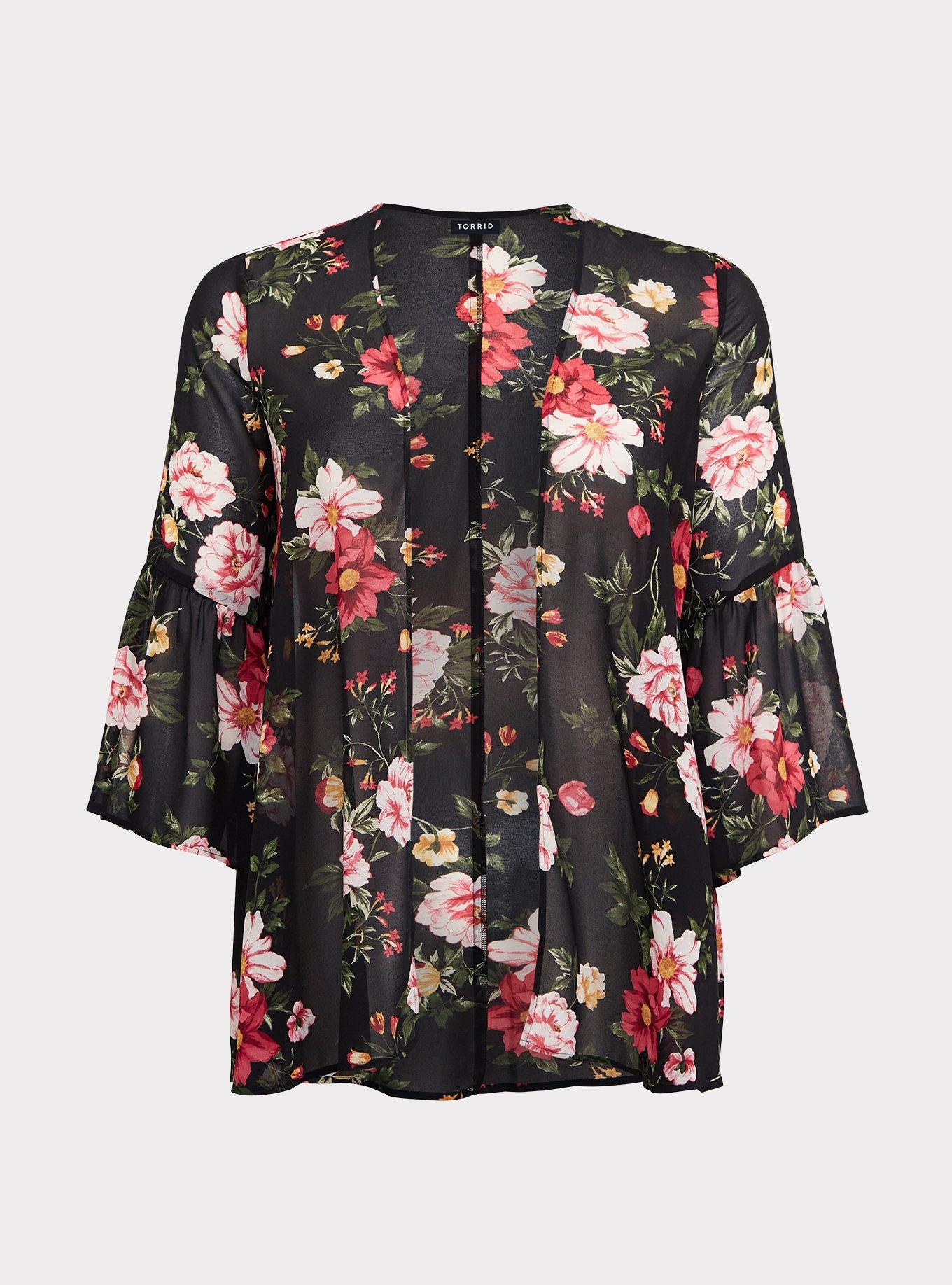 Black Floral Chiffon Kimono, FLORAL BLACK, hi-res
