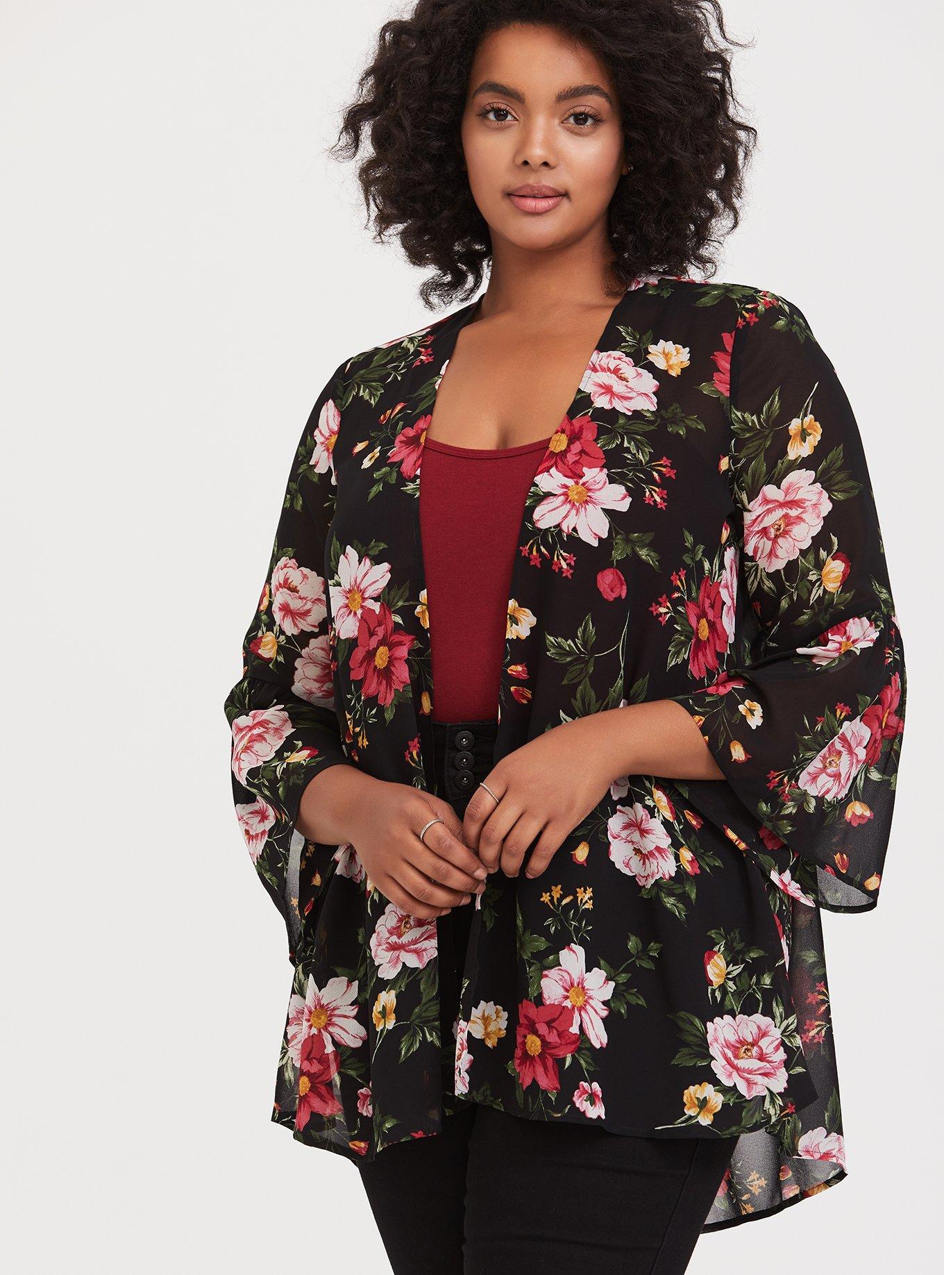 Black Floral Chiffon Kimono, FLORAL BLACK, hi-res