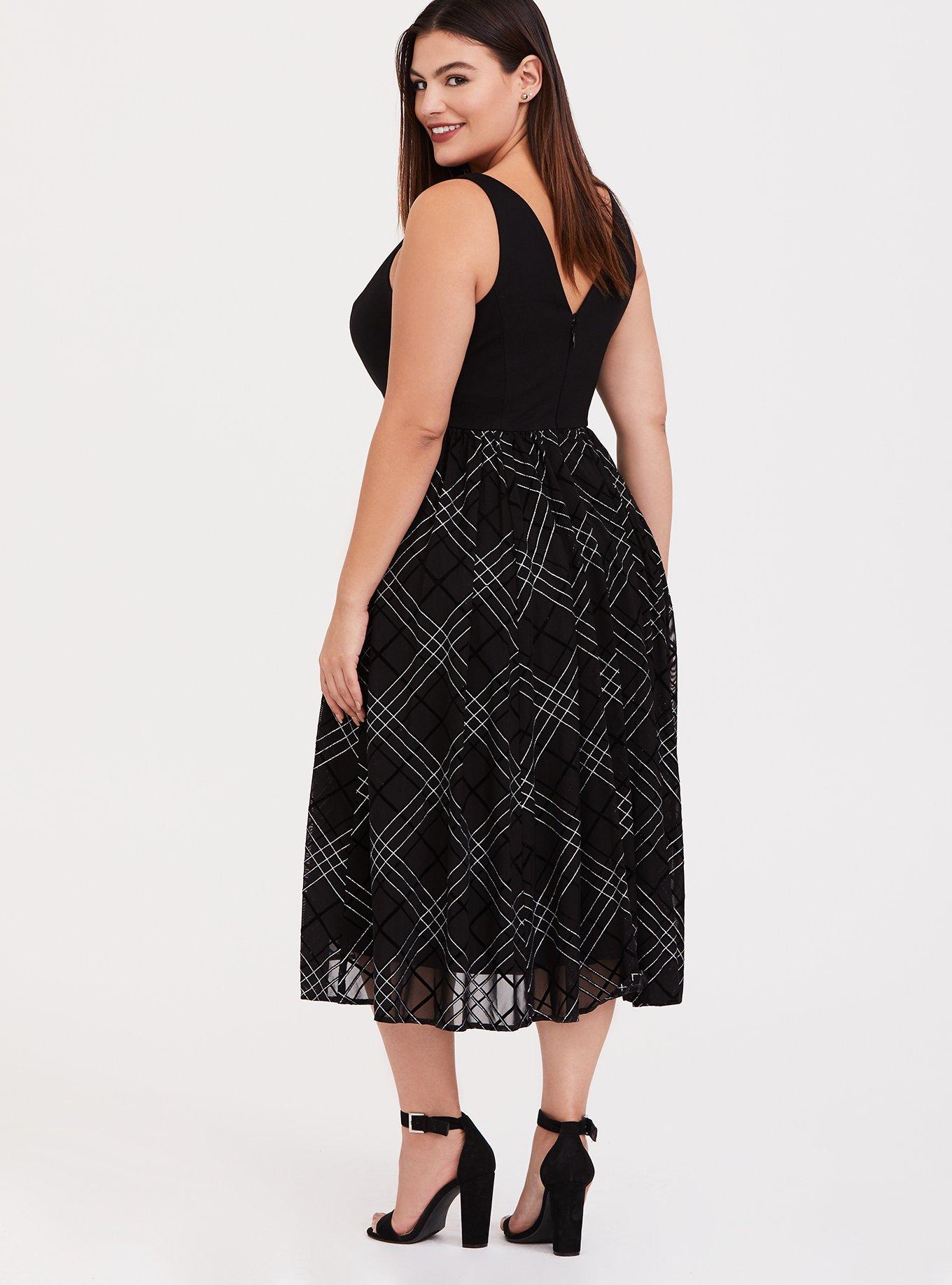 Black Ponte & Mesh Plaid Midi Dress, PLAID BLACK, alternate