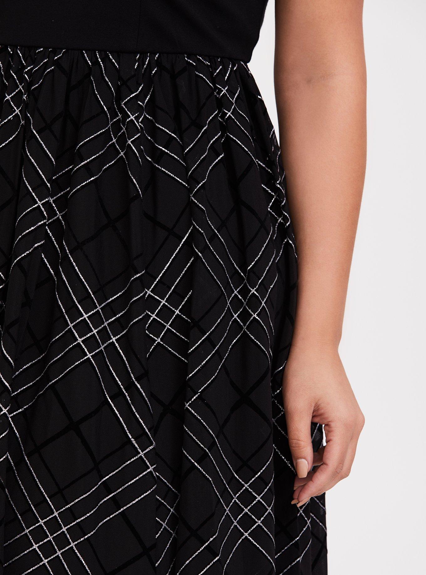 Black Ponte & Mesh Plaid Midi Dress, PLAID BLACK, alternate