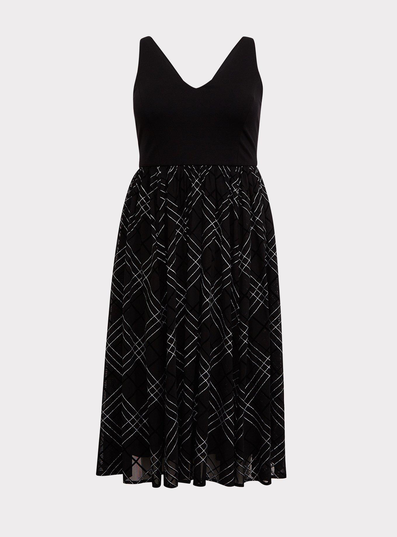 Black Ponte & Mesh Plaid Midi Dress, PLAID BLACK, hi-res