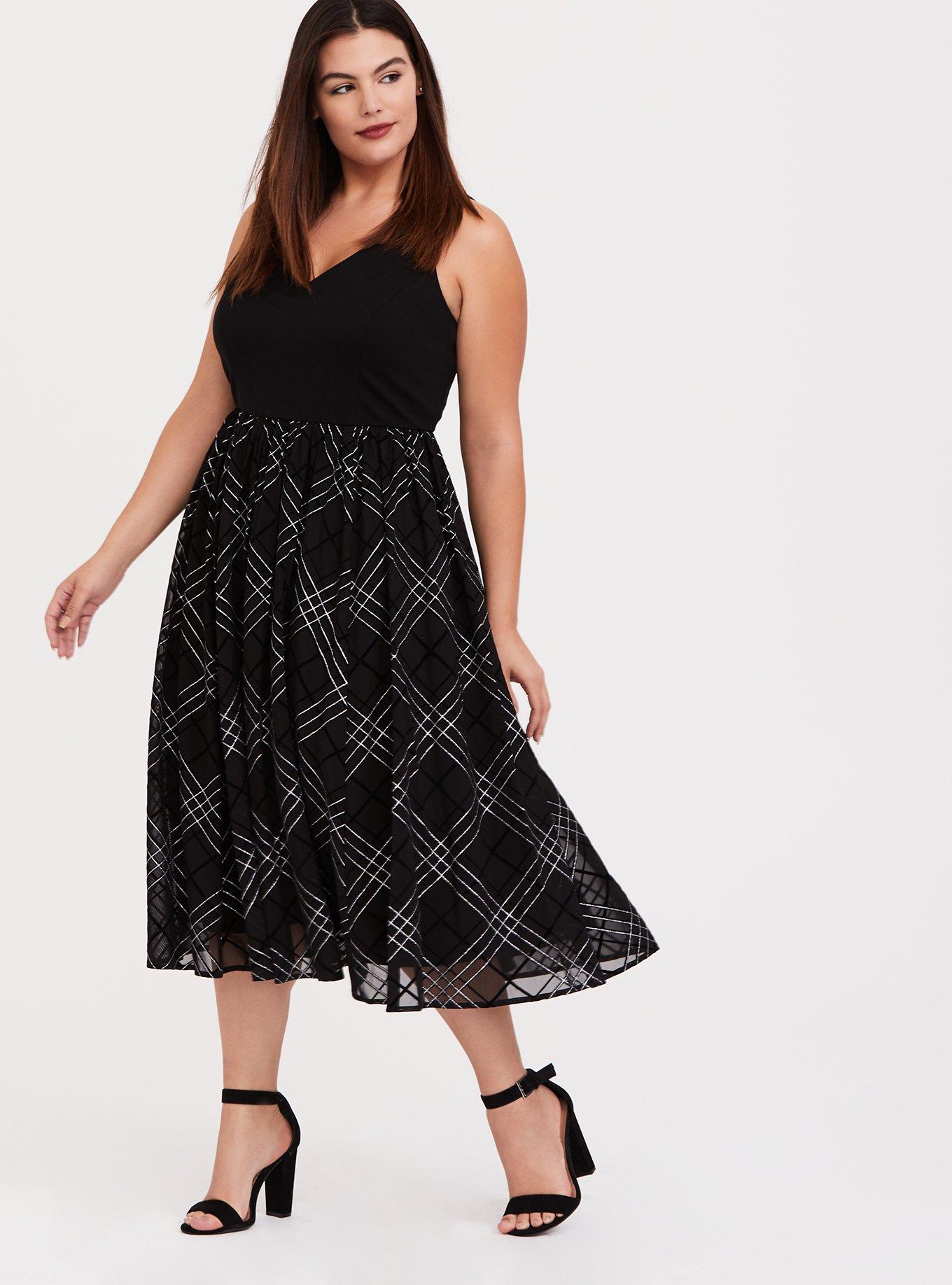 Black Ponte & Mesh Plaid Midi Dress, PLAID BLACK, hi-res