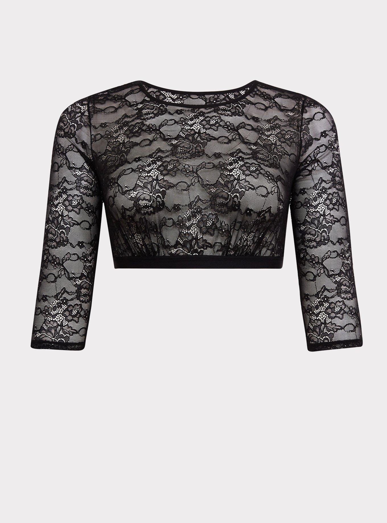 Plus Size - Black Lace Elbow Sleeve Under-It-All Crop Top - Torrid