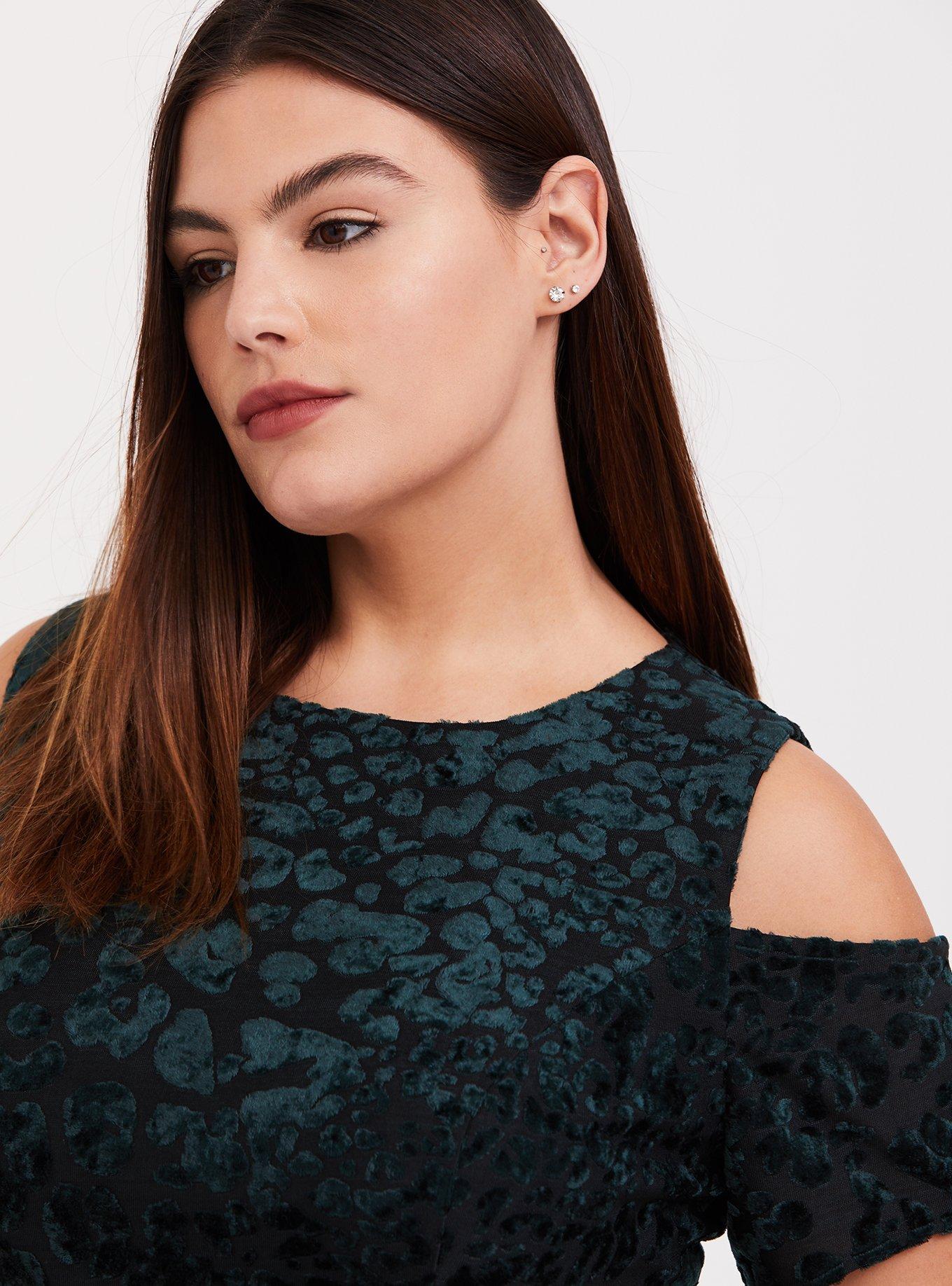 Plus Size Green Velvet Burnout Cold Shoulder Skater Dress, GREEN, alternate