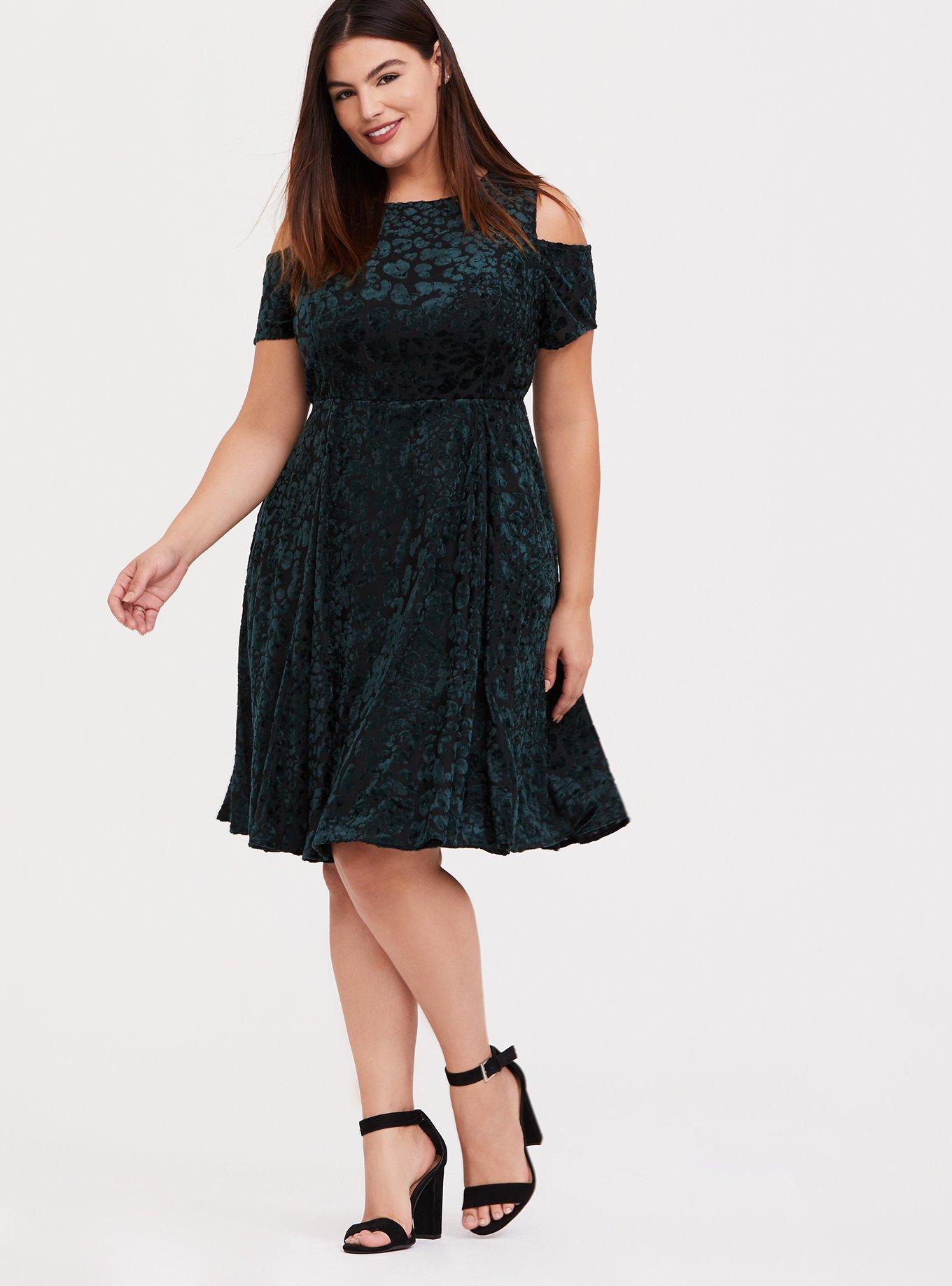 Plus Size - Green Velvet Burnout Cold Shoulder Skater Dress - Torrid