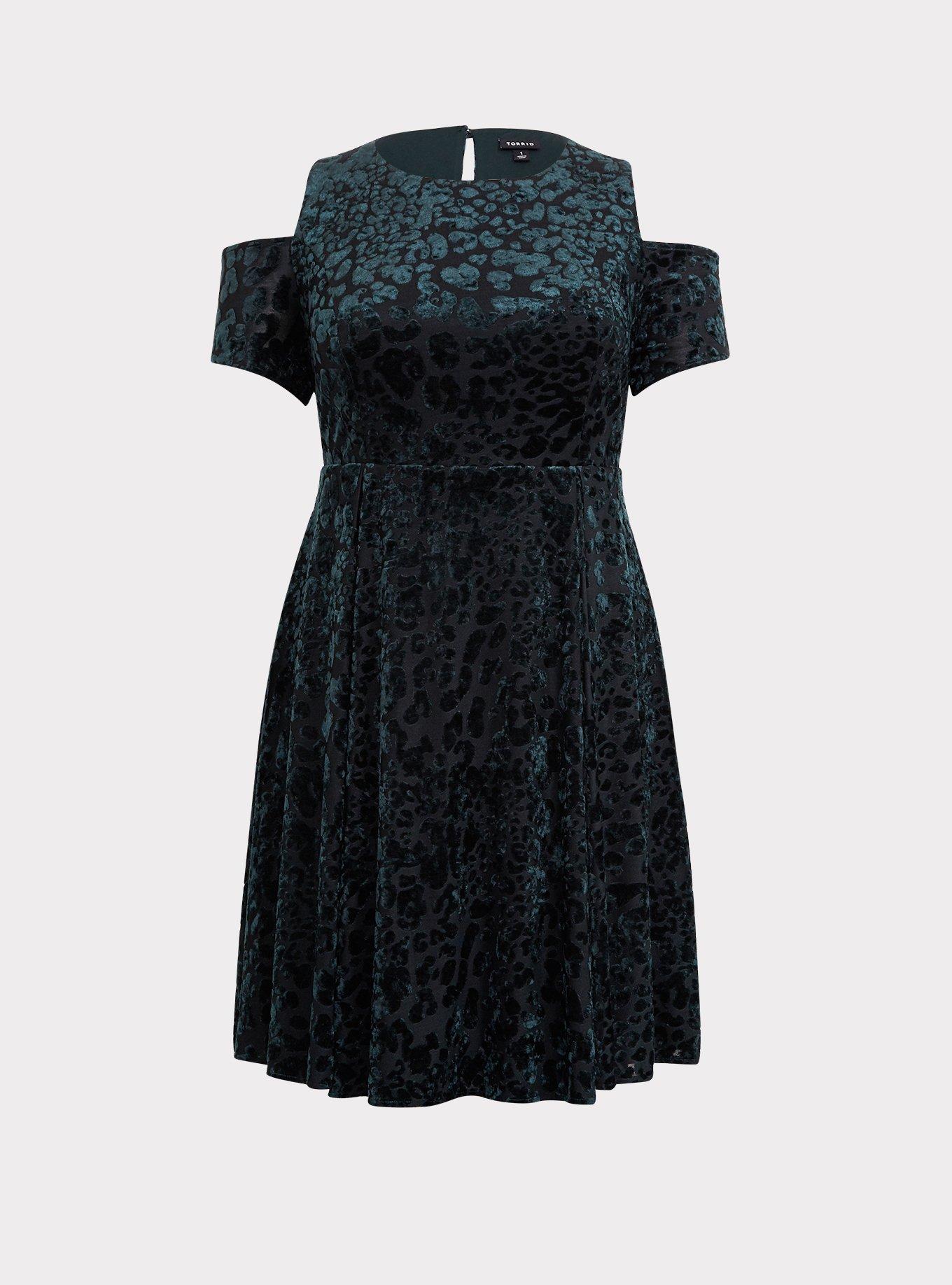 Green Velvet Burnout Cold Shoulder Skater Dress, , hi-res